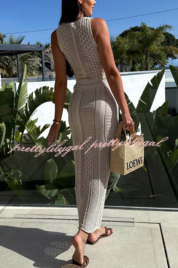 Stylish Solid Color Sleeveless Hollow Knit Crop Top & Elastic Slit Slim Midi Skirt Set - Summer Outfit for Women | Perfect for Beach, Party & Casual Wear