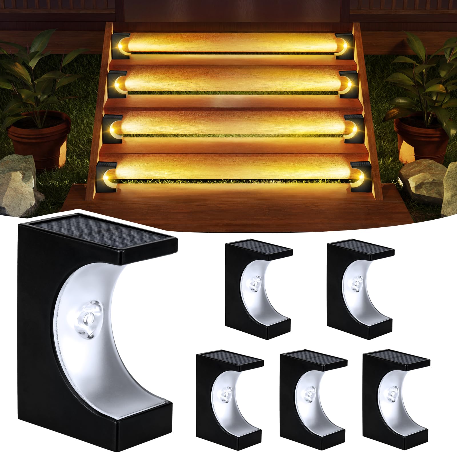 6 Pack Solar Step Lights for Outdoor Stairs - Waterproof Solar Deck Lights for Garden, Backyard, and Landscape - Warm White LED Lighting - Perfect for Pathways, Patios, and Driveway Safety
