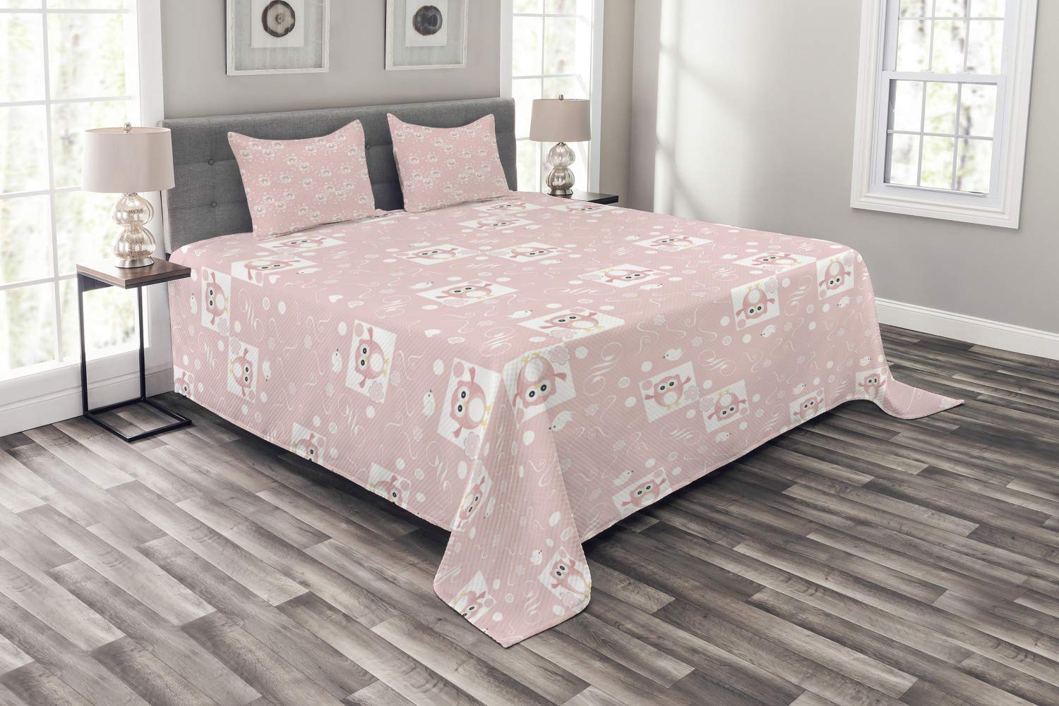 Ambesonne 3-Piece Queen Size Bedspread Set with Pastel Owls & Birds Floral Design - Soft Pink & White Decorative Bedding Coverlet & 2 Pillow Shams for Girls Room, Nursery or Bohemian Bedroom Decor