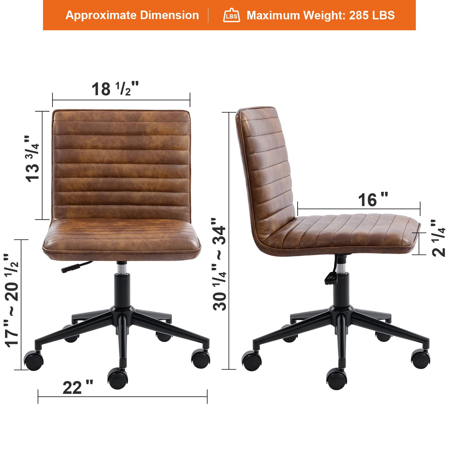 Ergonomic Armless Office Desk Chair - Faux Leather Upholstered Mid-Back Task Chair with 360° Swivel & Height Adjustment - Perfect for Home Office, Study Room & Teen Workspace (Dust Yellow)