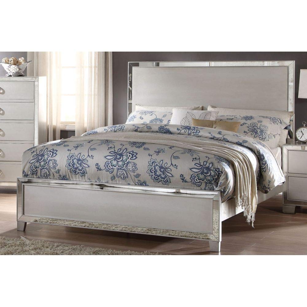 Knocbel Contemporary Wood Platform Bed Frame with Slats Support & Wooden Headboard - Queen Size Platinum Finish for Modern Bedrooms | Includes Mirror Trim Inlay, Requires Box Spring | Perfect for Master Bedrooms, Guest Rooms & Apartments