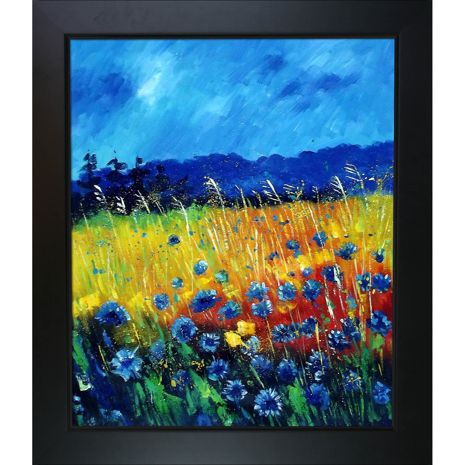 ArtistBe Cornflowers 45 Reproduction Oil Painting - New Age Black Frame 28.75x24.75 Inches - Handmade Floral Wall Art for Living Room, Bedroom & Office Decor