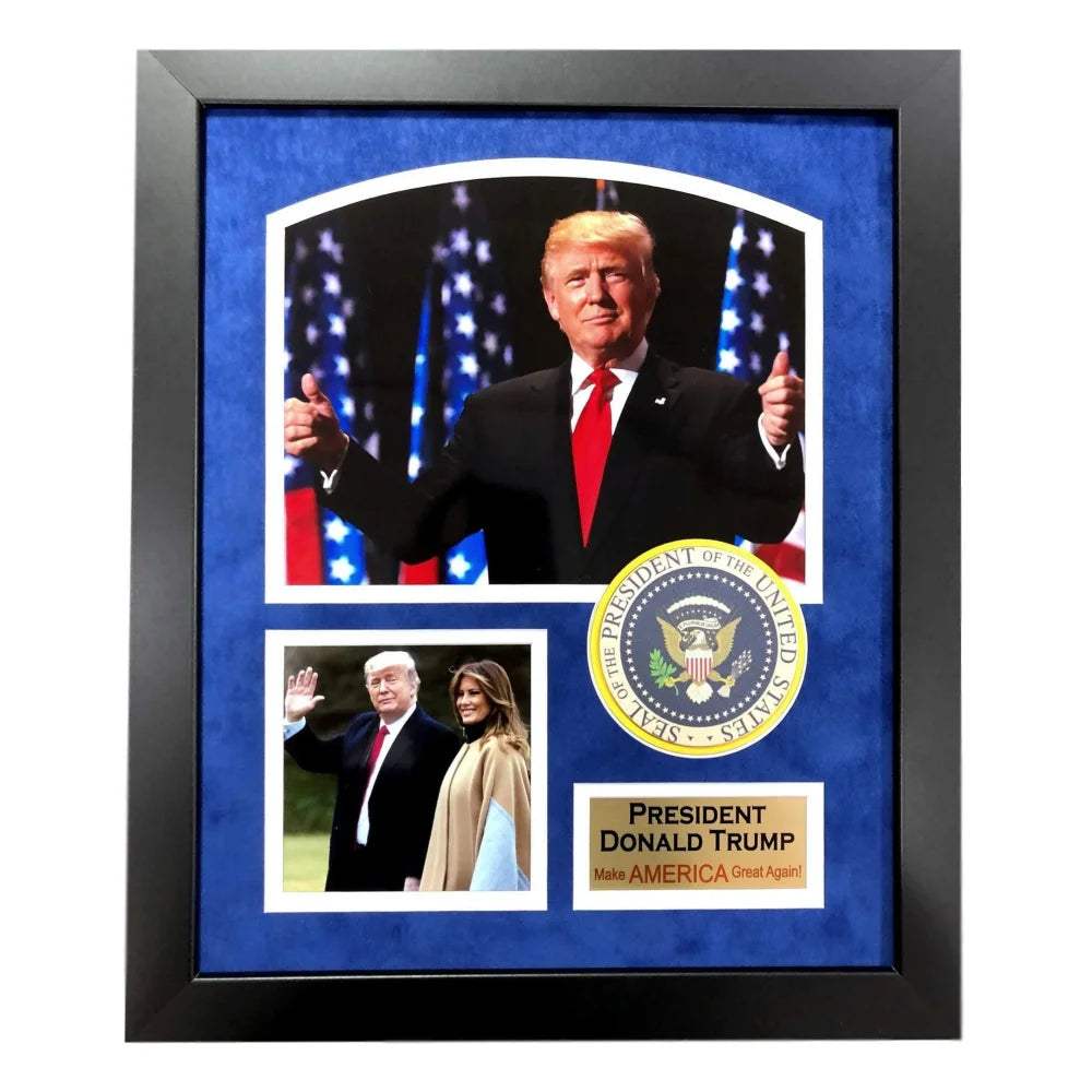 President Donald Trump Framed Photo Collage with Official Seal - Patriotic Republican MAGA Memorabilia for Home, Office & Political Events