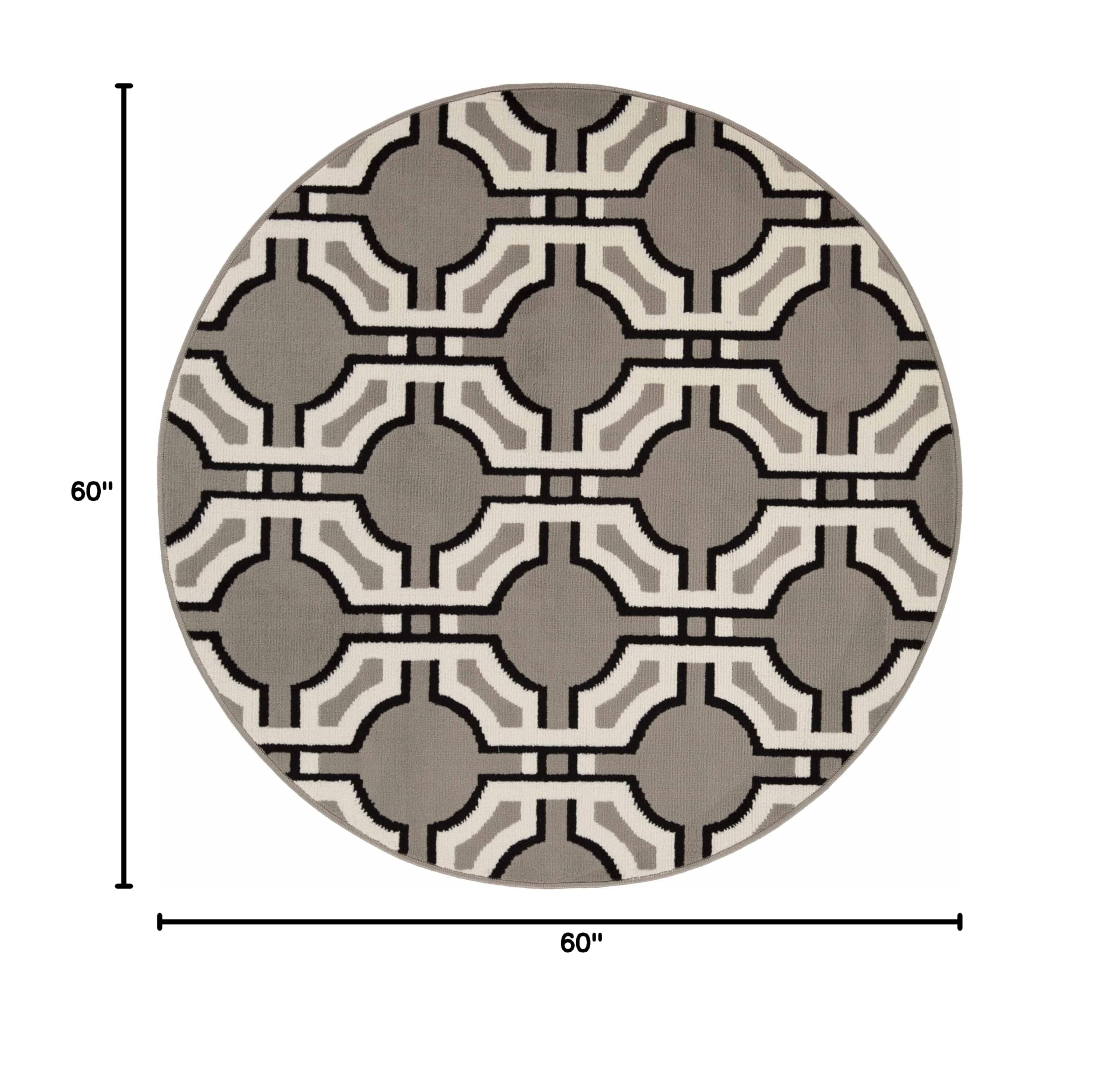 Modern Geometric Art-Deco Trellis Power-Loomed Indoor Area Rug - 5' Round Gray Home Decor for Living Room, Bedroom, Office - Soft Non-Slip Floor Carpet for Comfort & Style