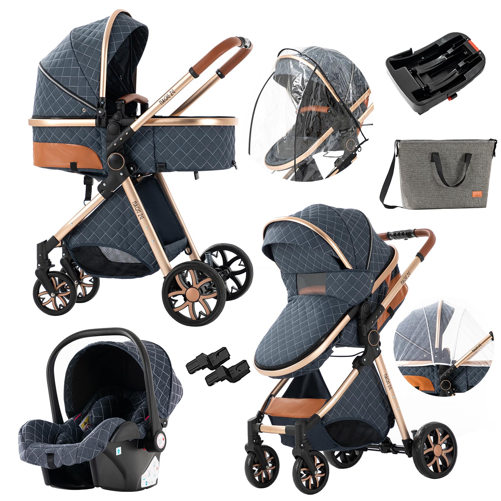 3 in 1 Convertible Baby Travel System - Reversible Stroller, Portable Pushchair & Infant Pram - Foldable Luxury High Landscape Buggy for Newborn (Blue with Base) | Perfect for Shopping, Park Outings & Air Travel