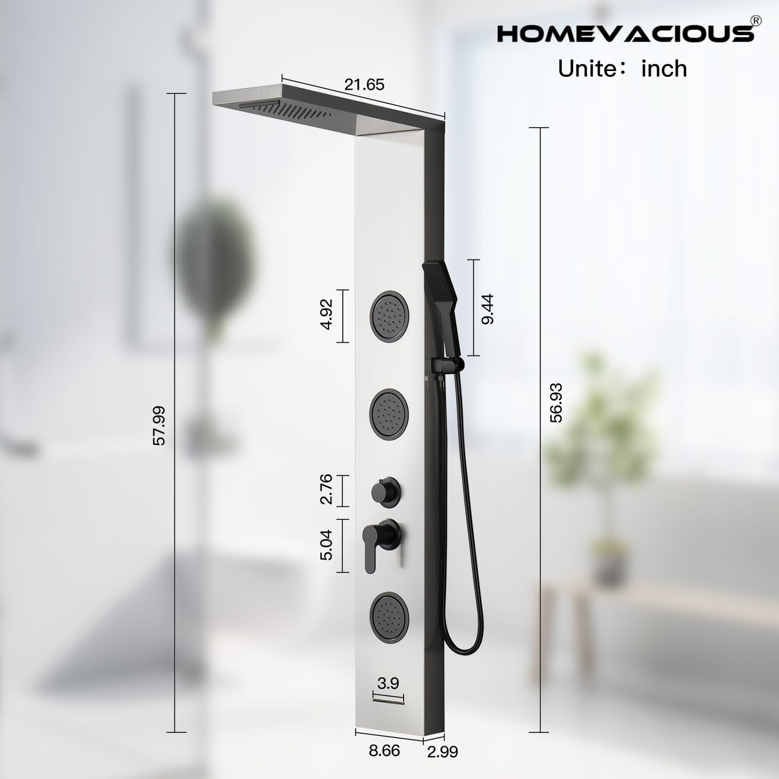 Homevacious 5-in-1 Shower Panel Tower System with Rainfall Shower Head, 3 Body Jets, Handheld Shower & Tub Spout - Modern Brushed Nickel Massage Shower System for Spa-Like Bathroom Experience