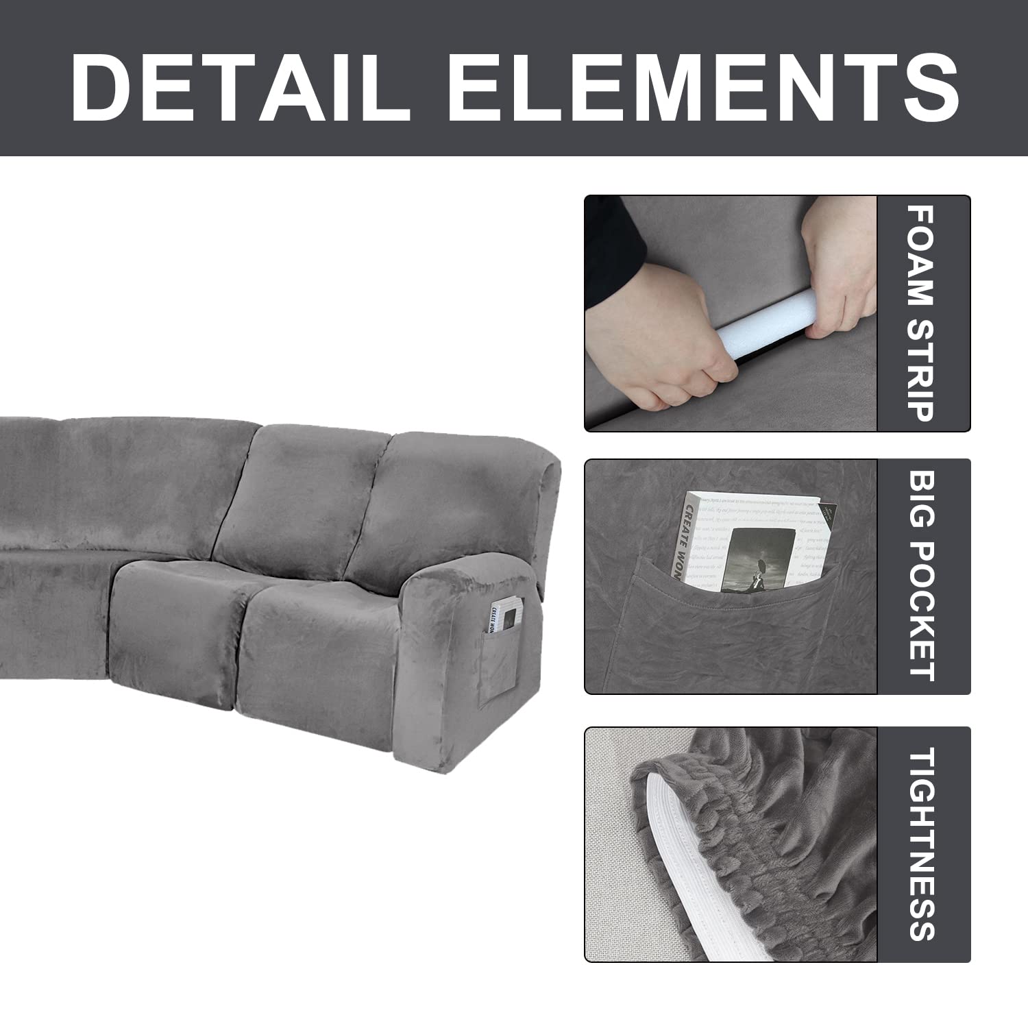 7-Piece Velvet Sectional Sofa Covers - Stretchable, Non-Slip & Washable Recliner Sofa Slipcover for L-Shaped Couches (Grey) - Perfect for Living Room, Home Theater & Family Gatherings