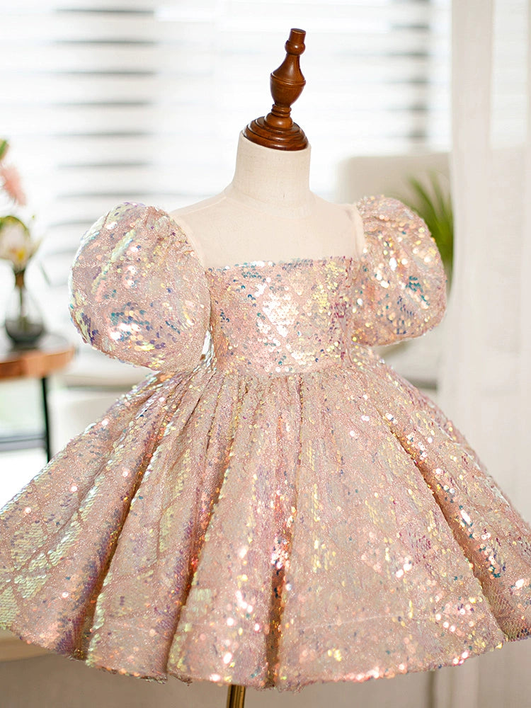 Pink Princess Square Tea Length Sequined Flower Girl Dress for Weddings, Bridal Party & Special Occasions - Elegant Flower Girl Attire