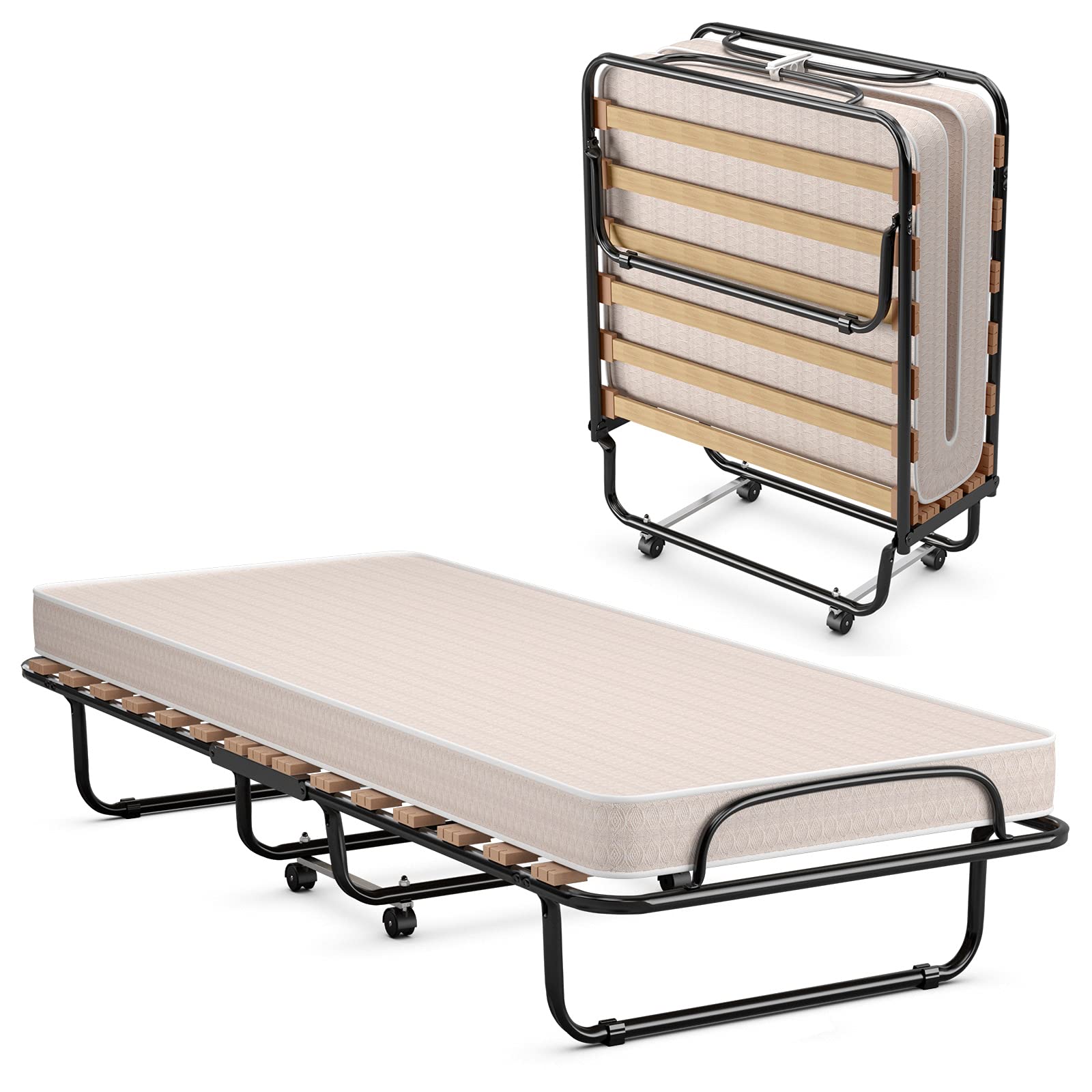 Giantex Folding Bed with Mattress - Rollaway Guest Bed with Comfortable Foam Mattress & Sturdy Metal Frame, Portable Sleeper Cot for Adults - Easy to Store Foldable Bed - Perfect for Home, Office, Guest Room & Camping (Beige)