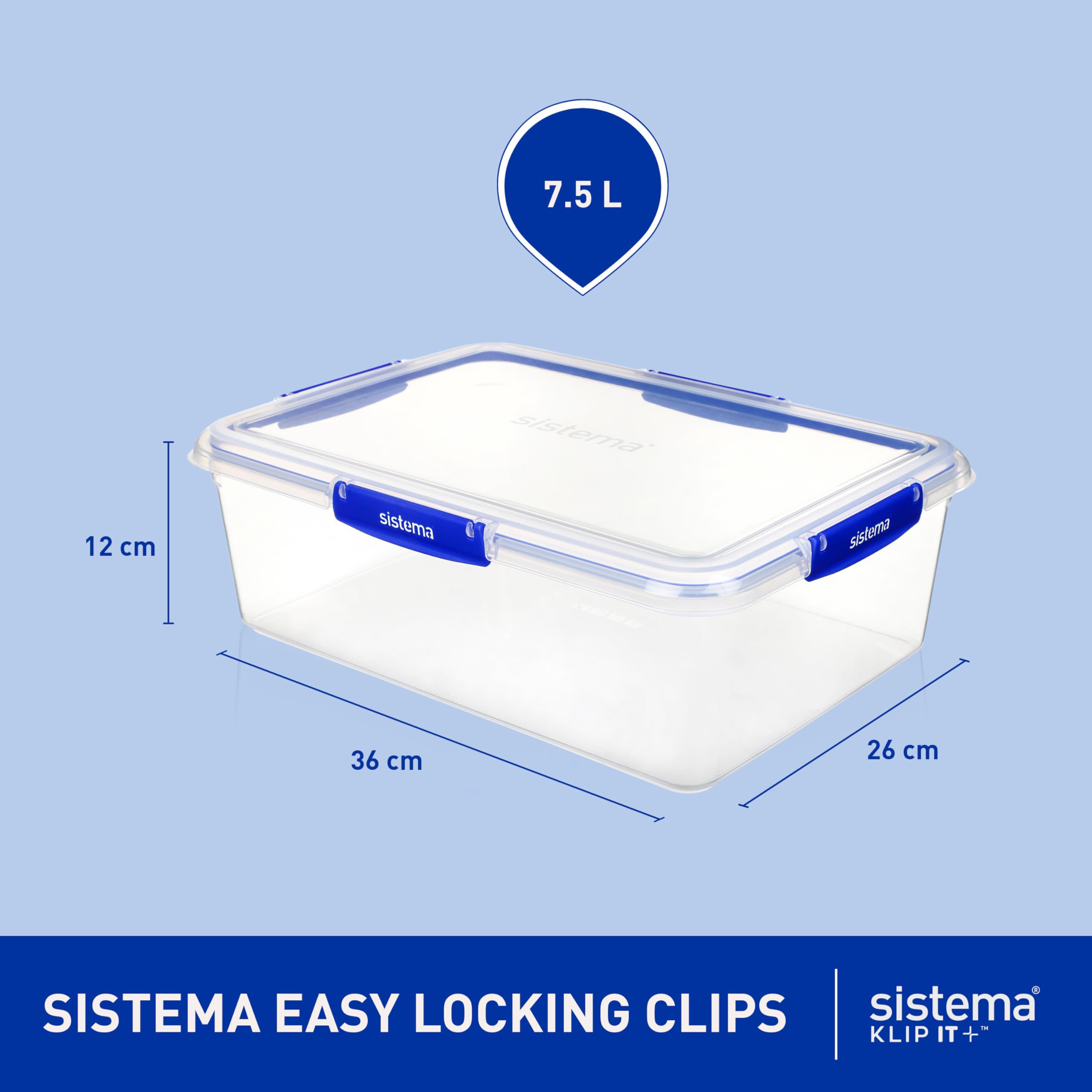 Sistema KLIP IT 7.5L Airtight Food Storage Container - BPA-Free Plastic Kitchen Organizer for Dry Food, Cereal, Snacks | Perfect for Pantry, Fridge & Meal Prep (Blue)