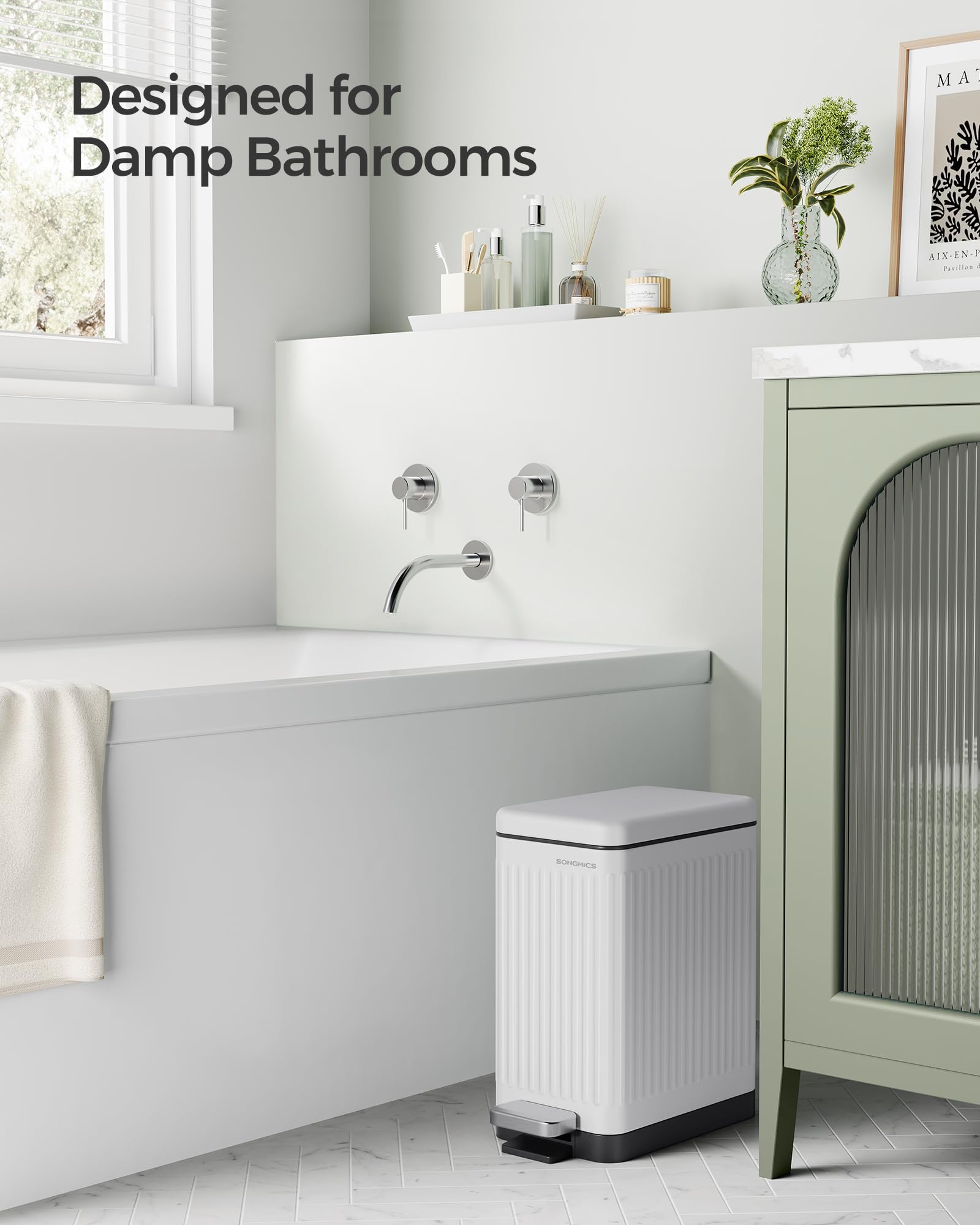 SONGMICS 2.6-Gallon Slim Stainless Steel Bathroom Trash Can with Soft-Close Lid - White ULTB562W01 - Perfect for Small Spaces, Toilets, and Compact Bathrooms