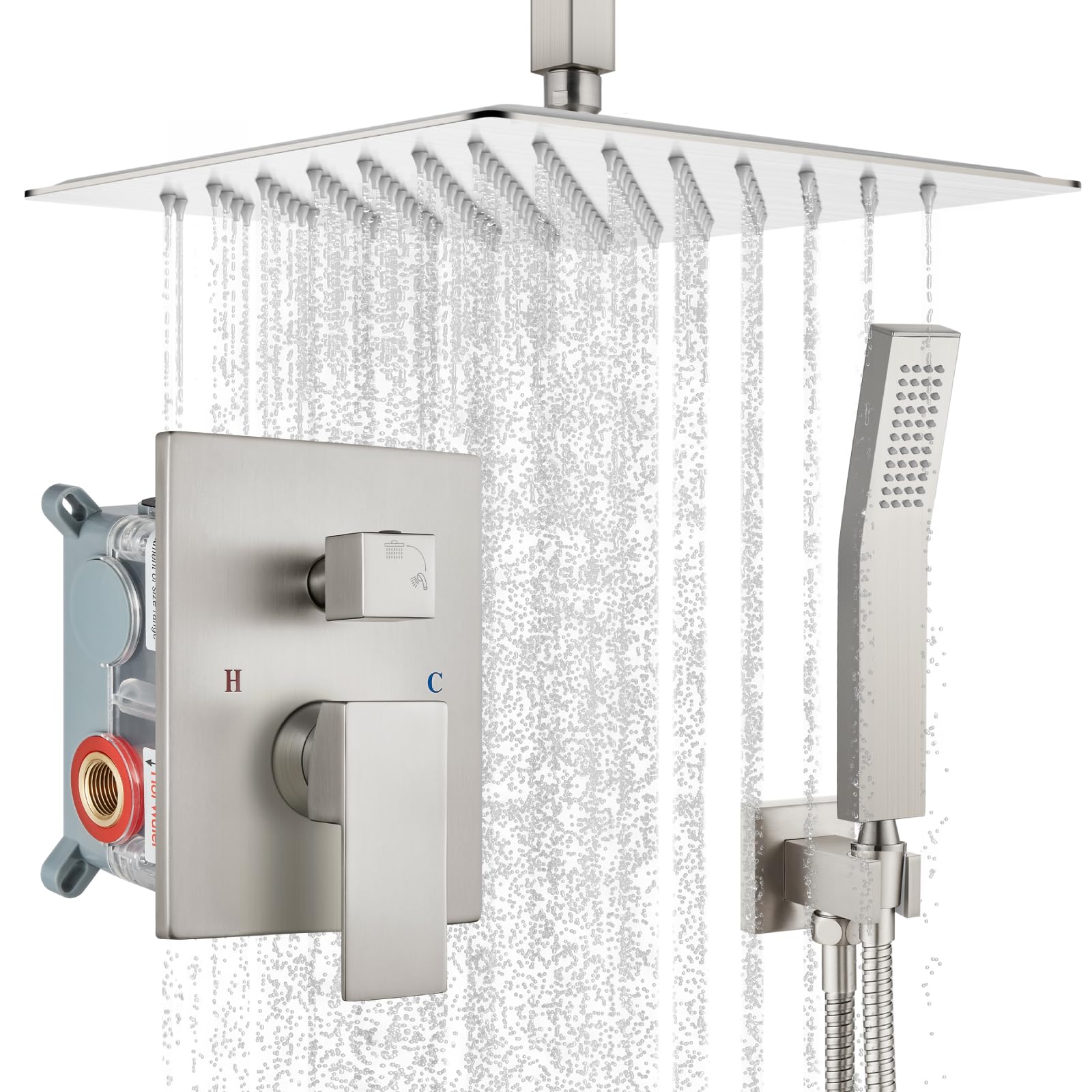 Gotonovo Luxury 12-Inch Rain Shower Combo Set - Ceiling Mount High Pressure Shower System with Handheld Spray, Brushed Nickel Finish - Perfect for Modern Bathroom Renovations & Spa-Like Shower Experience