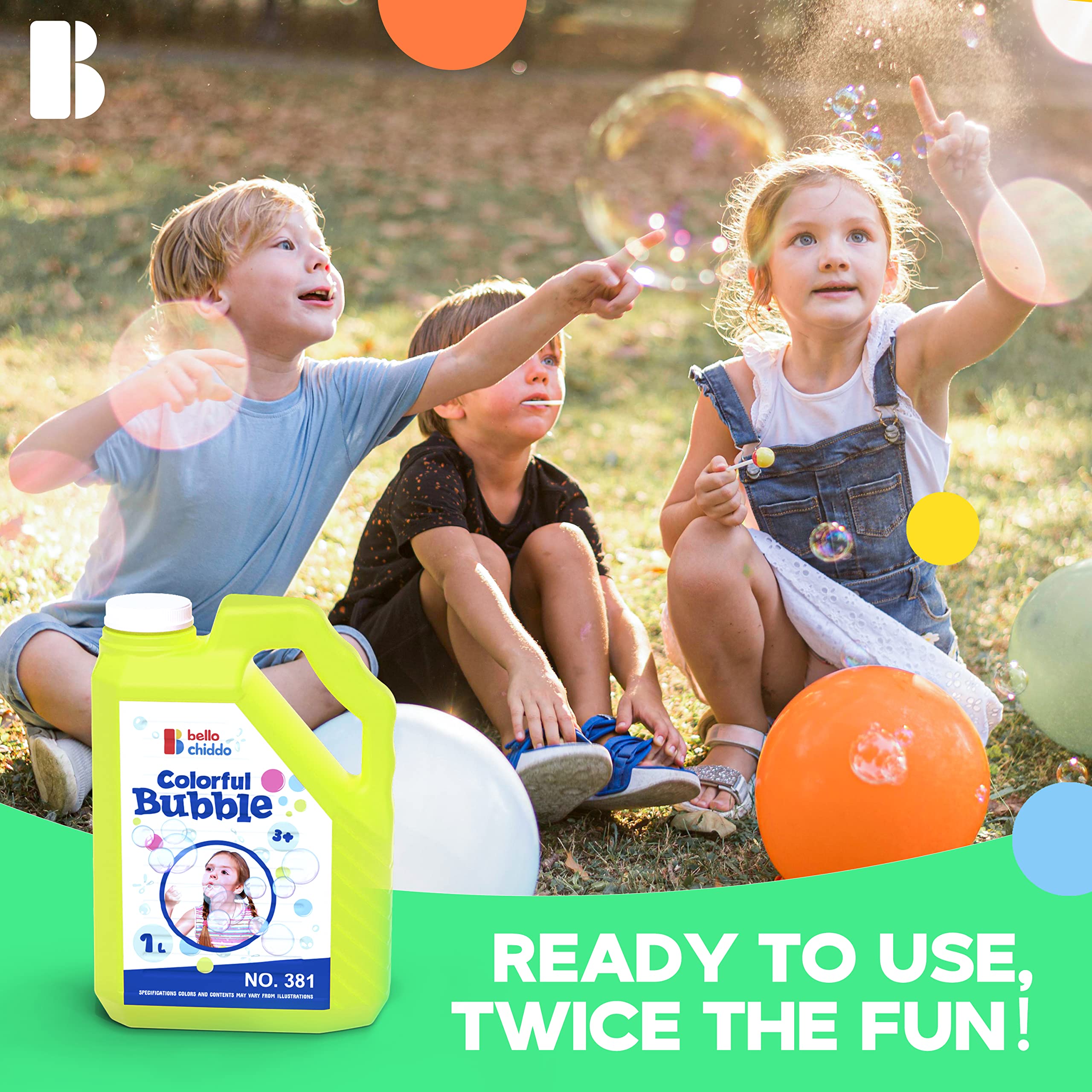 BELLOCHIDDO Bubble Solution Refill 1L/33.8 oz - Large Size for Bubble Guns, Wands, Blowers & Machines - Non-Toxic Bubble Liquid for Kids Ages 3+ (Yellow) - Perfect for Outdoor Play, Birthday Parties & Backyard Fun