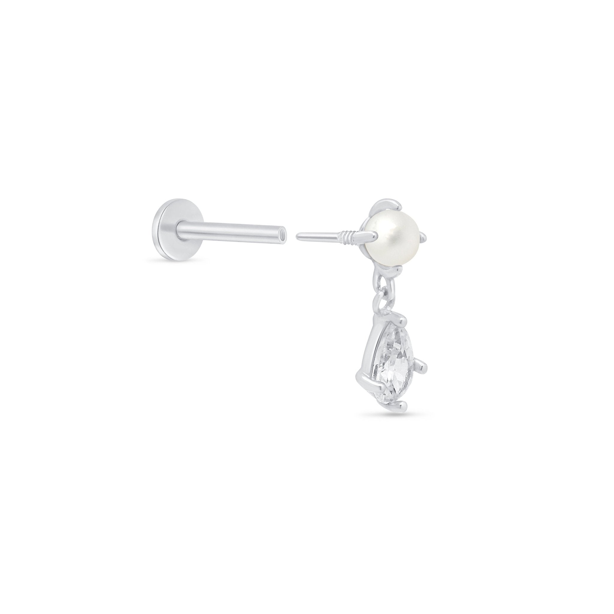 14K White Gold Pearl & Marquise Drop Flat Back Stud Earrings - Elegant Dangle Earrings for Women, Perfect for Weddings, Parties & Special Occasions