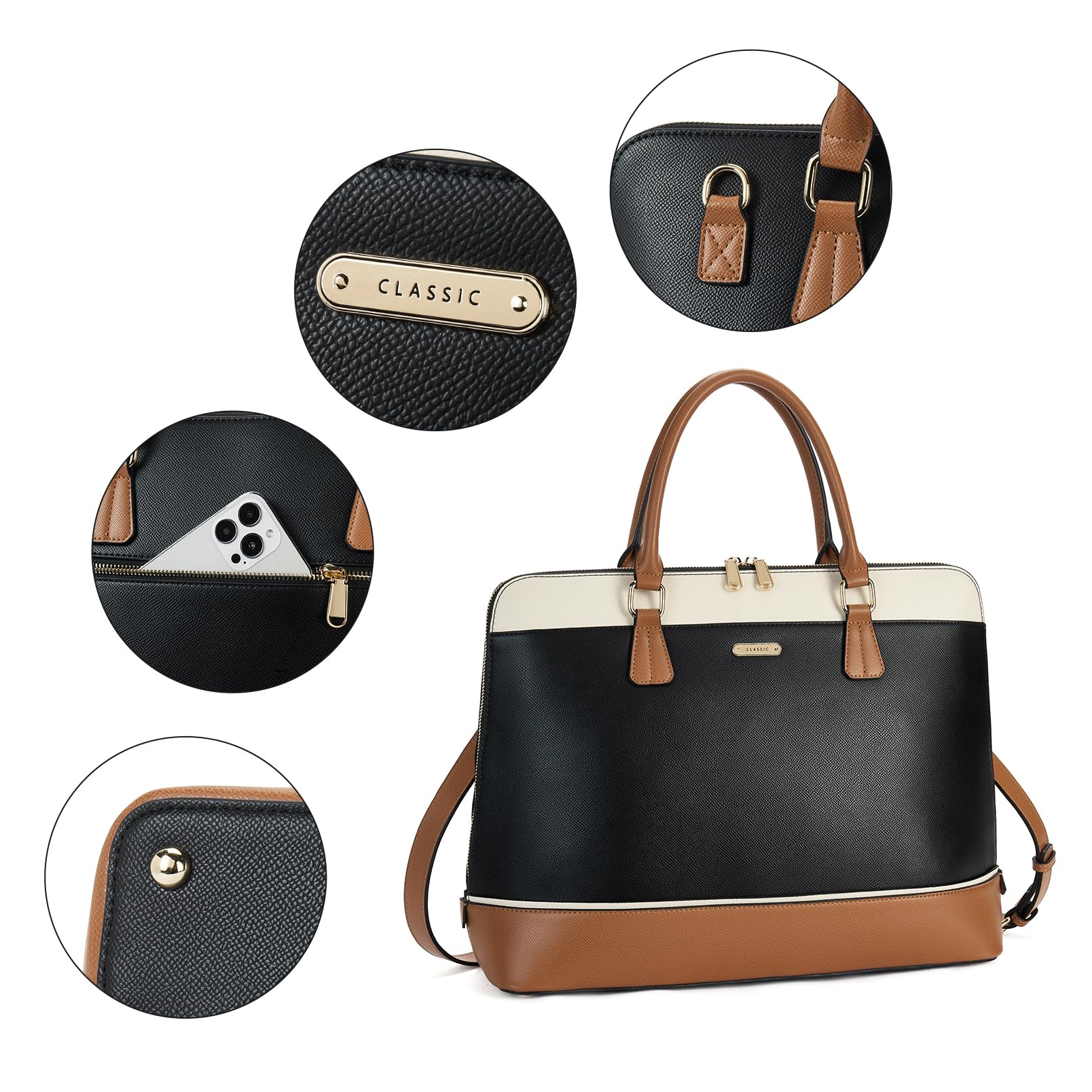 Telena 15.6 Inch Leather Laptop Tote Bag for Women - Professional Shoulder Briefcase with Large Capacity, Stylish Black & Brown Handbag (TLB0122204-01) - Perfect for Work, Business Meetings & Travel