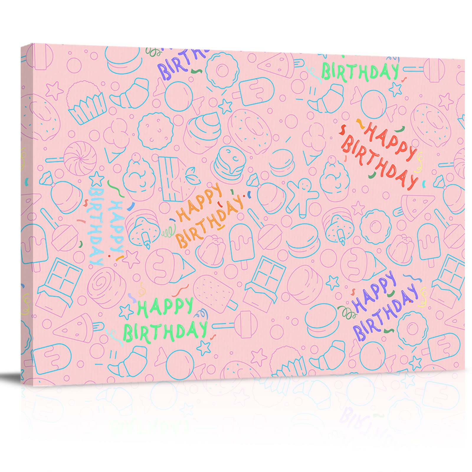 Happy Birthday Cake Balloon Ribbon Framed Canvas Wall Art - Pink Background Stretched Painting for Bathroom, Bedroom & Home Decor | Perfect Gift for Birthdays, Housewarming & Party Decorations