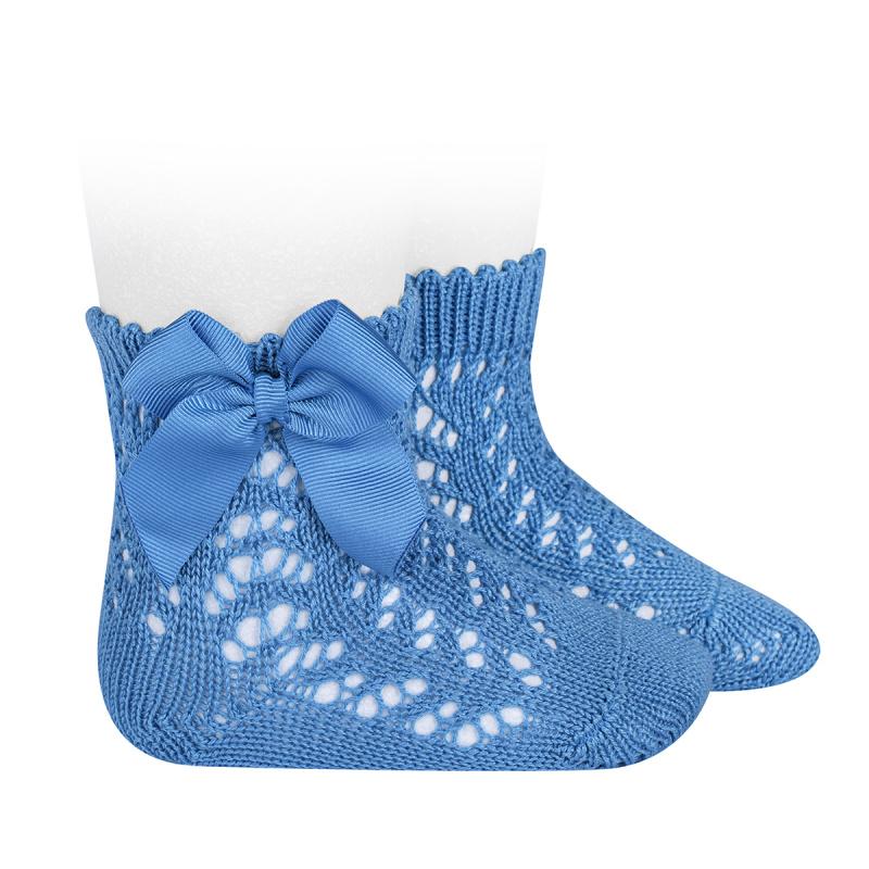 Mediterranean Blue Lace Bow Ankle Socks - Women's Fashion Footwear for Casual Wear, Date Night & Special Occasions