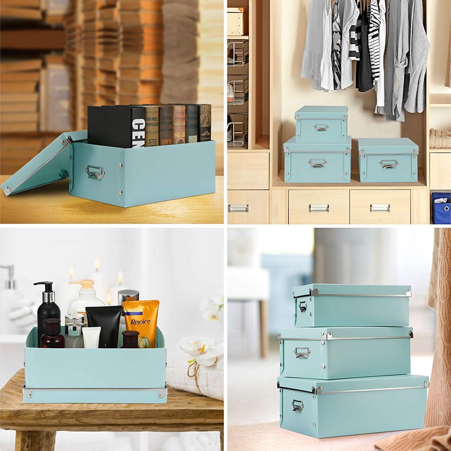 3-Pack Collapsible Plastic Storage Boxes with Lids - Waterproof Teal Organizer Bins for Shoes, Clothes & Office Supplies | Space-Saving Home & Closet Organization Solution
