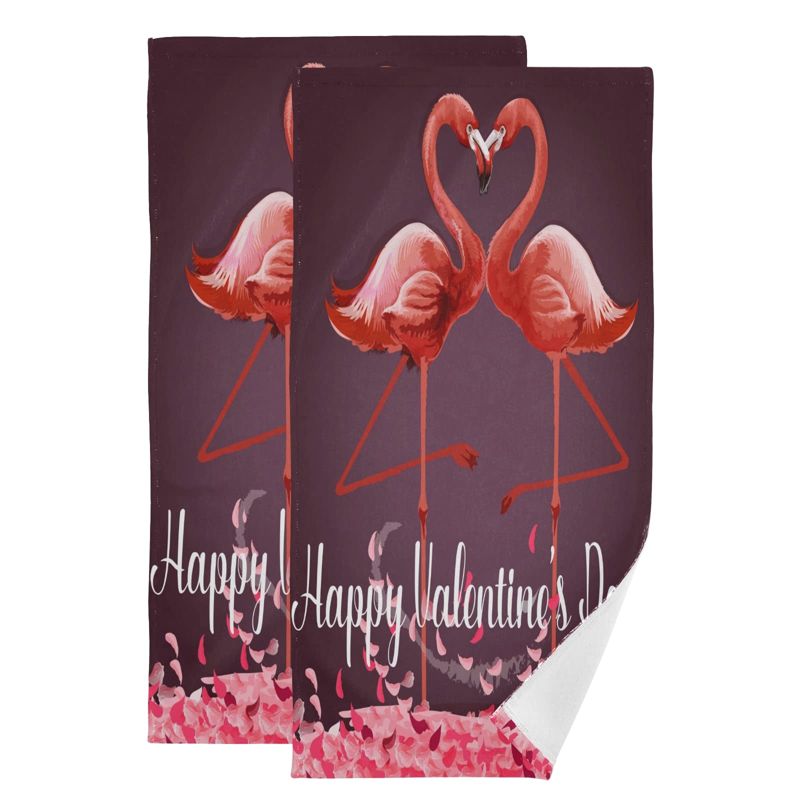 Valentine's Day Flamingo & Rose Printed 2-Piece Towel Set - 30x15 Inches Soft Face, Hand & Dish Towels for Bathroom, Kitchen & Beach Decor - Perfect Romantic Gift for Couples