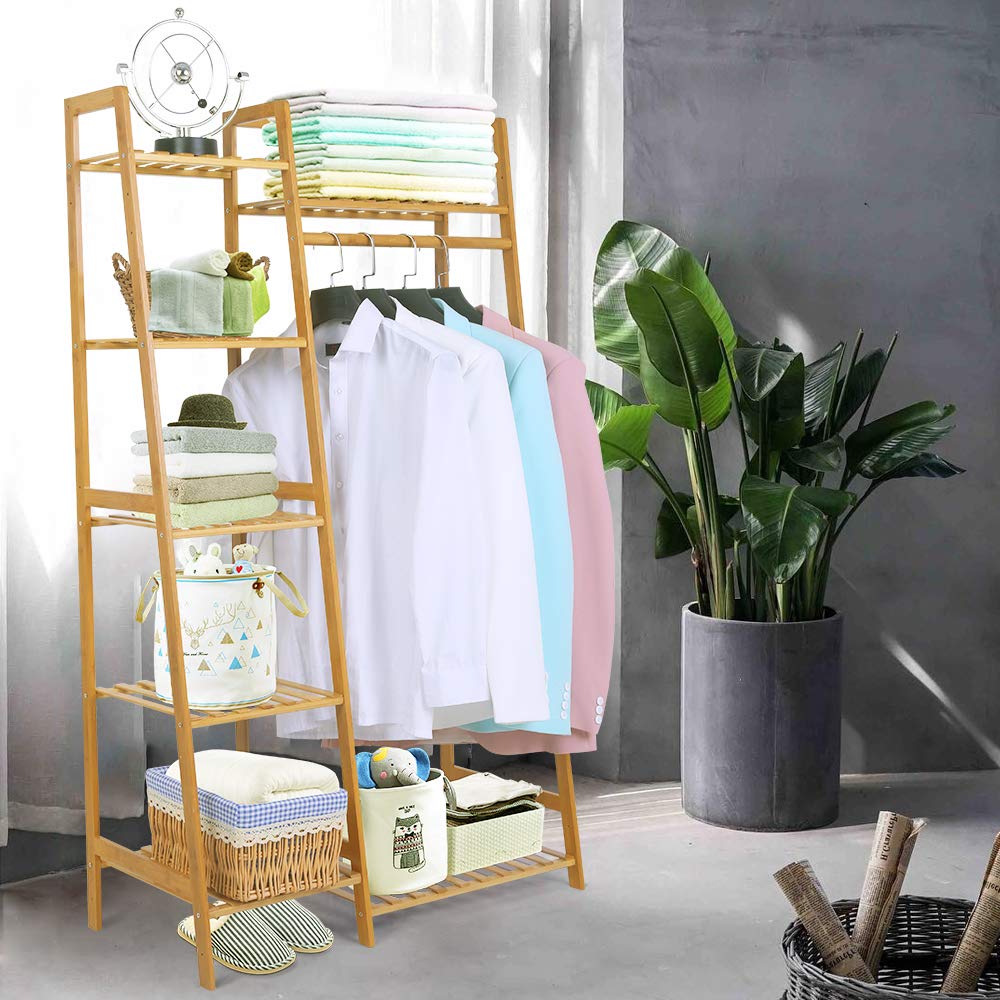 Bamboo Wooden Clothes Rack with Shelves - Space Saving Free Standing Garment Organizer for Kids & Small Spaces | Ladder Design for Corner Placement | Perfect for Bedroom, Nursery & Closet Organization
