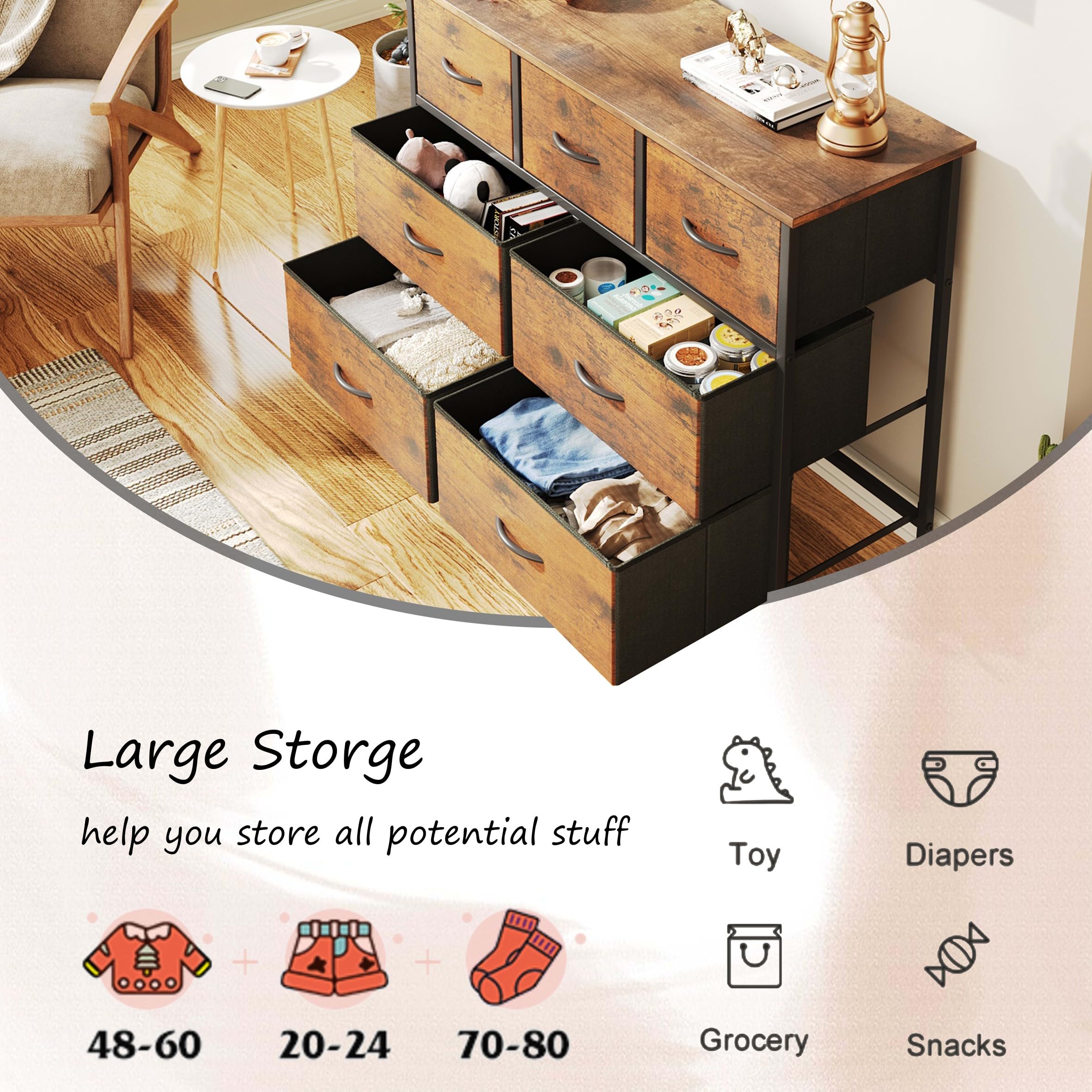 7-Drawer Rustic Brown Dresser with Wooden Top - Tall Fabric Storage Chest for Bedroom, Living Room, TV Stand, Closet & Entryway | Space-Saving Organizer for Clothes, Linens & Home Decor