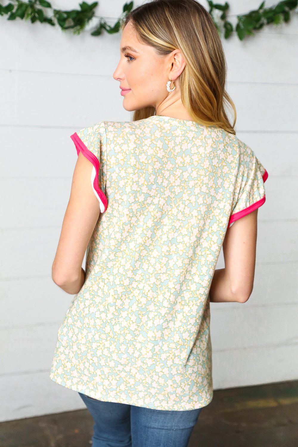 Mint Green Floral Print French Terry Ruffle Sleeve Blouse - Women's Casual Spring Top for Outing, Dating & Office Wear