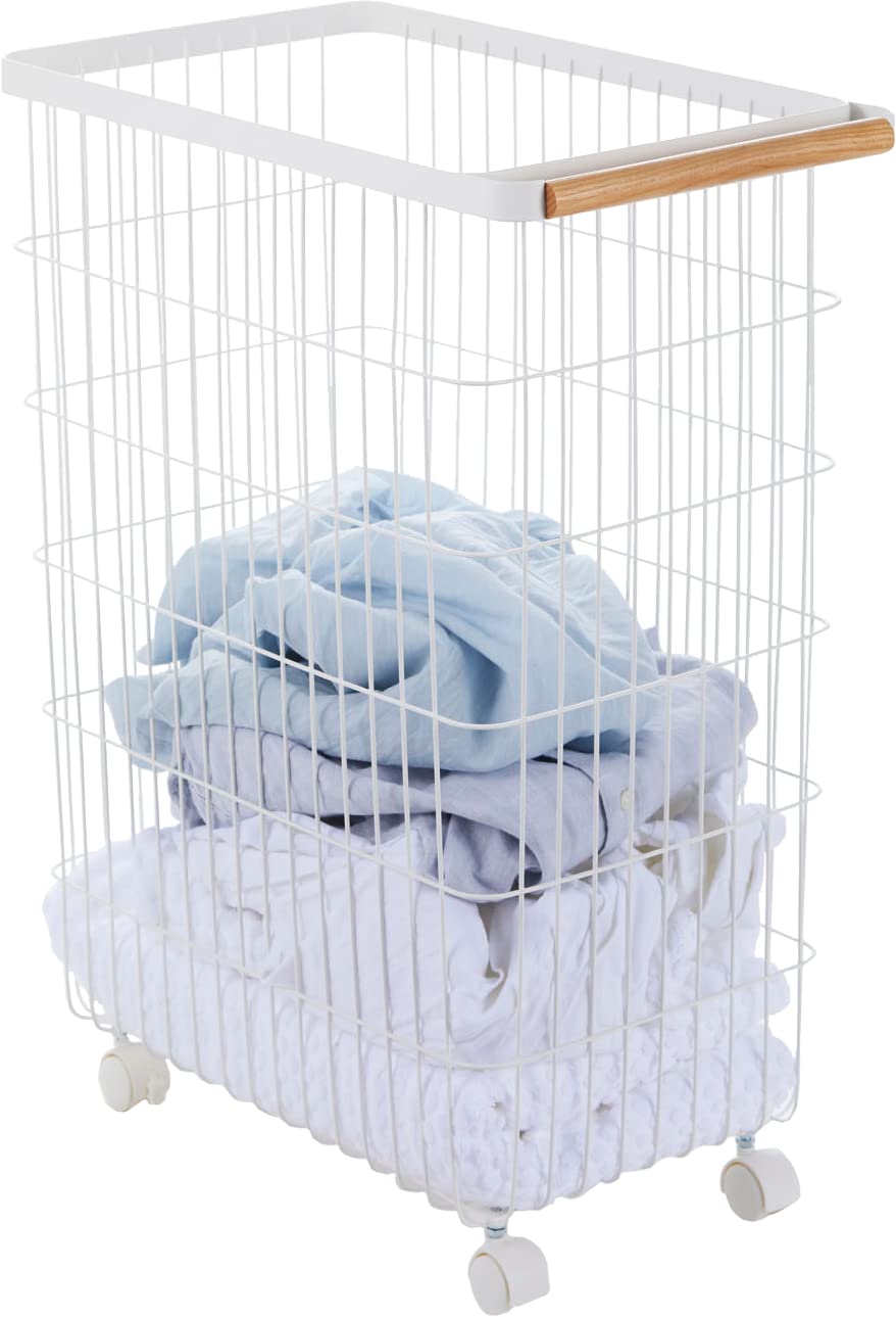 Yamazaki Home Slim Space-Saving Rolling Wire Laundry Hamper with Steel Frame & Wood Accents - White | Compact Clothes Basket for Bedroom, Closet, or Dorm Organization