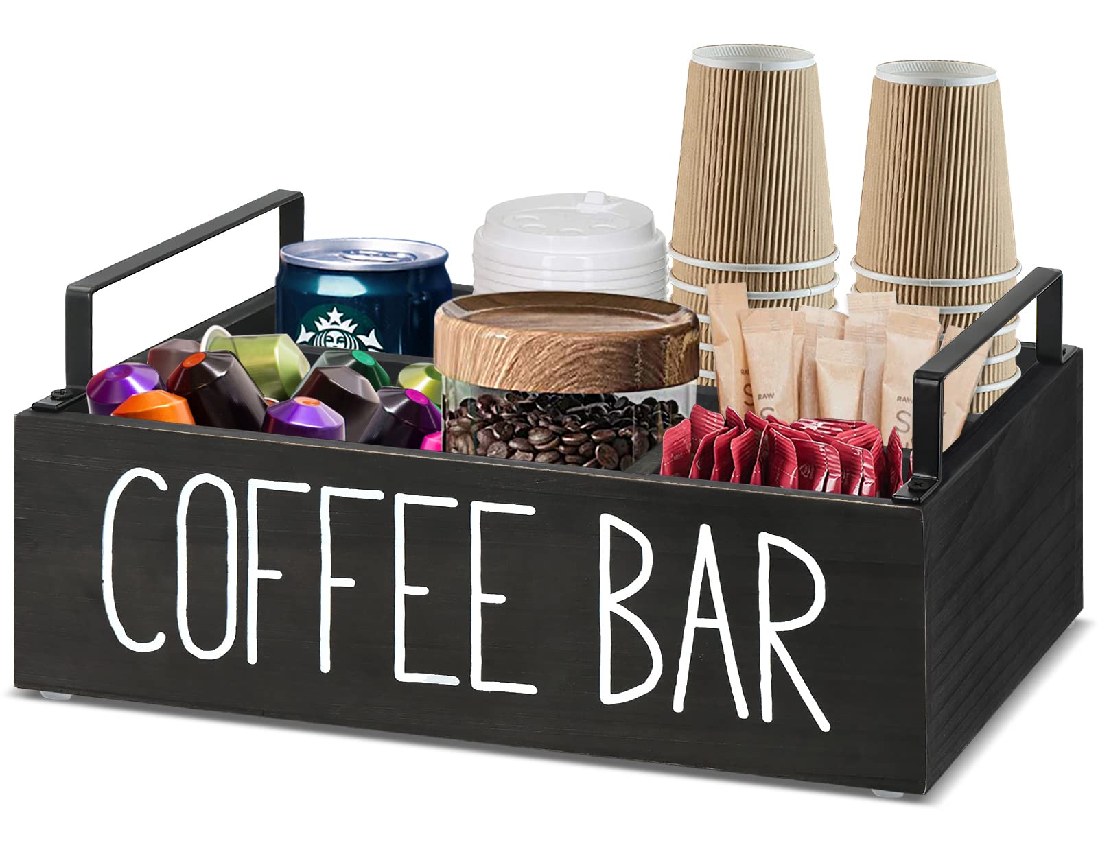 Wooden Coffee Station Organizer - Farmhouse Style K-Cup Pod Holder with Handle, Countertop Coffee Bar Accessories Storage Basket for Keurig & Nespresso | Perfect for Kitchen Counter, Office Breakroom & Coffee Bar Decor (Black)