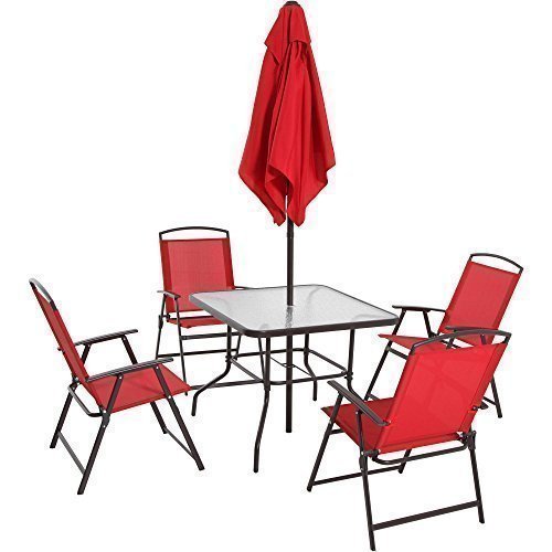 Albany Lane 6-Piece Folding Dining Set - Space Saving Outdoor Patio Furniture with Table & Chairs, Multiple Color Options (Red) - Perfect for Small Balcony, Garden, or Backyard BBQs