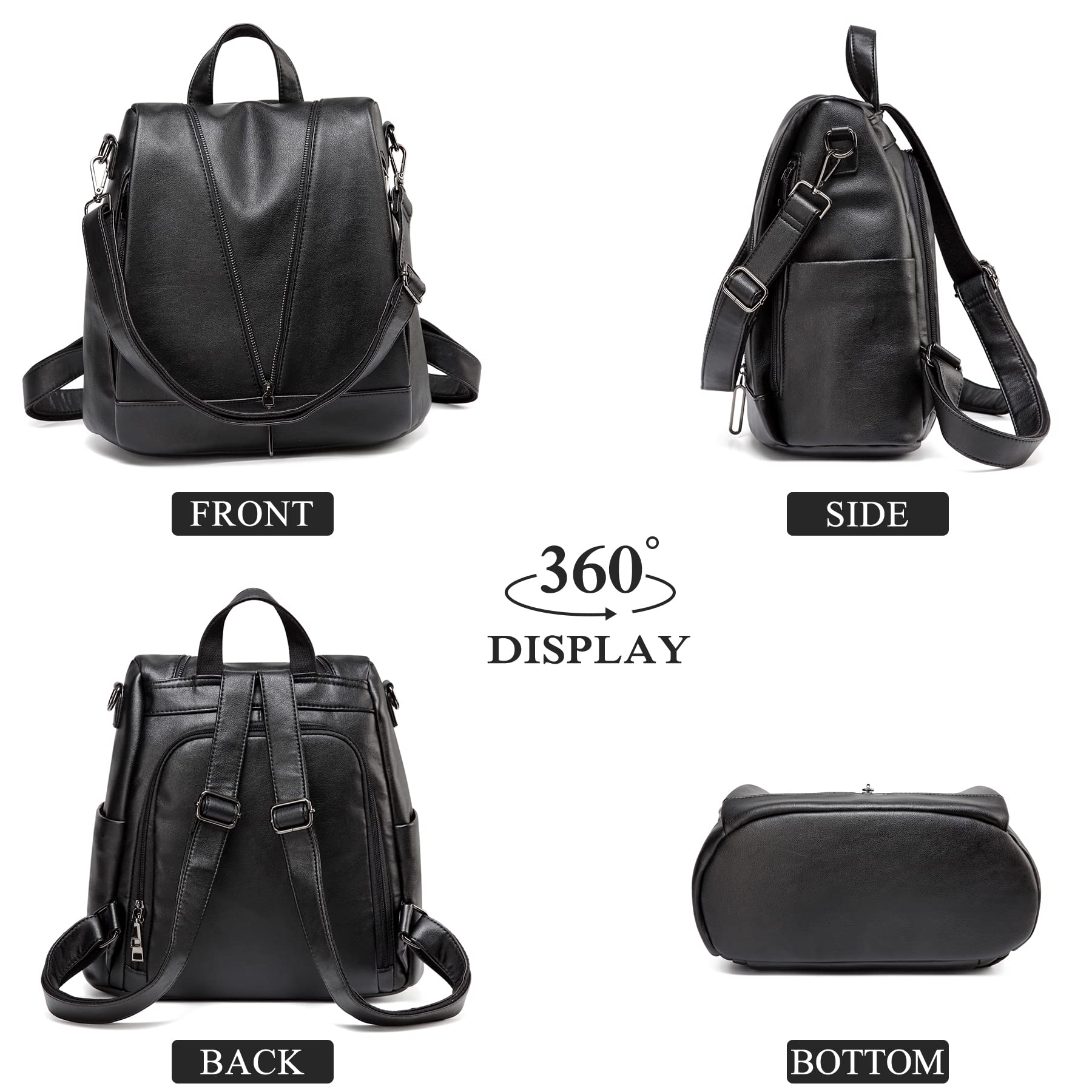 Kasqo Anti-Theft Leather Backpack Purse for Women - Water Resistant Travel Backpack in Black | Perfect for Commuting, Shopping & Daily Use