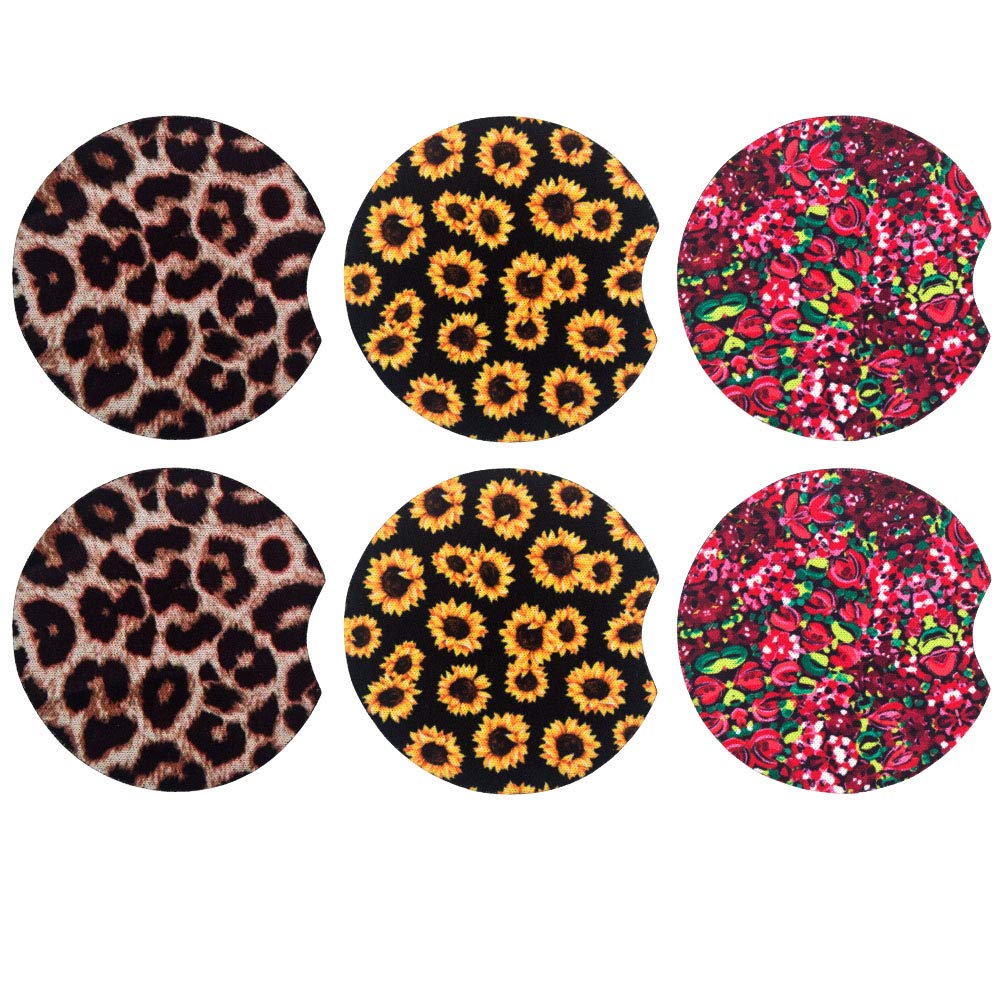 Sunflower Car Coaster Set - 6 Pack Neoprene Non-Slip Cup Holder Mats for Cars | Perfect for Coffee, Soda & Water Bottles | Car Accessories & Drink Protectors