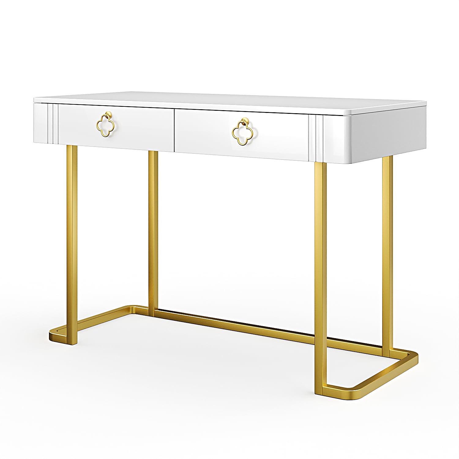 White Vanity Desk with 2 Drawers - Gold & White Modern Makeup Table, Home Office Desk, Entryway Console & Sofa Table with Deluxe Legs - Perfect for Bedroom, Living Room & Dressing Area