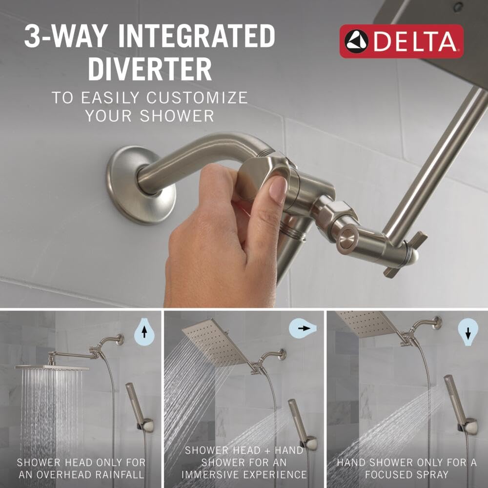 Delta Faucet 10-Inch Raincan Shower Head with Handheld Shower Combo - Brushed Nickel Square Rainfall Shower Head - 1.75 GPM Flow Rate - Spotshield Finish - Perfect for Luxurious Spa-Like Showers and Easy Cleaning (Model 75527-SN)