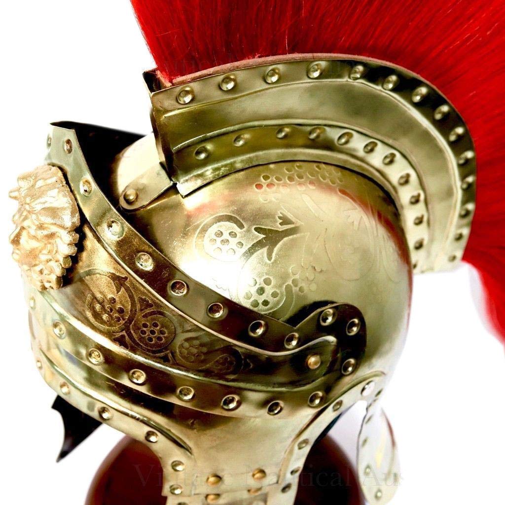 Roman Centurion Helmet - Medieval Knight Armor Costume with Red Plume & Gold Finish | Halloween Cosplay, Historical Reenactment, Theater Costume, Collectible Display
