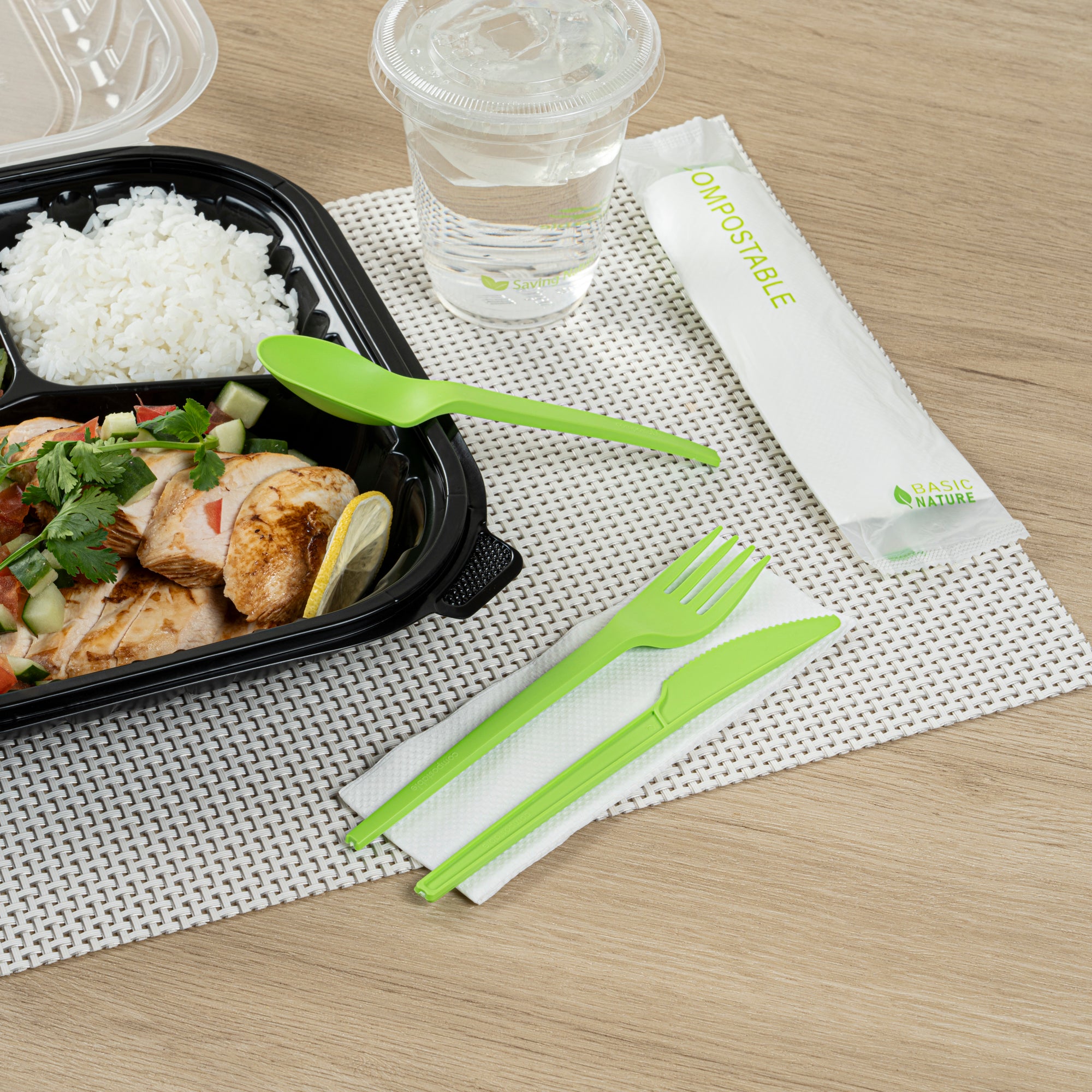 Eco-Friendly Compostable CPLA Plastic Cutlery Set - 100-Piece Box with Heat-Resistant Forks, Knives, Spoons & White Napkins | Perfect for Picnics, Parties, Catering & Sustainable Dining