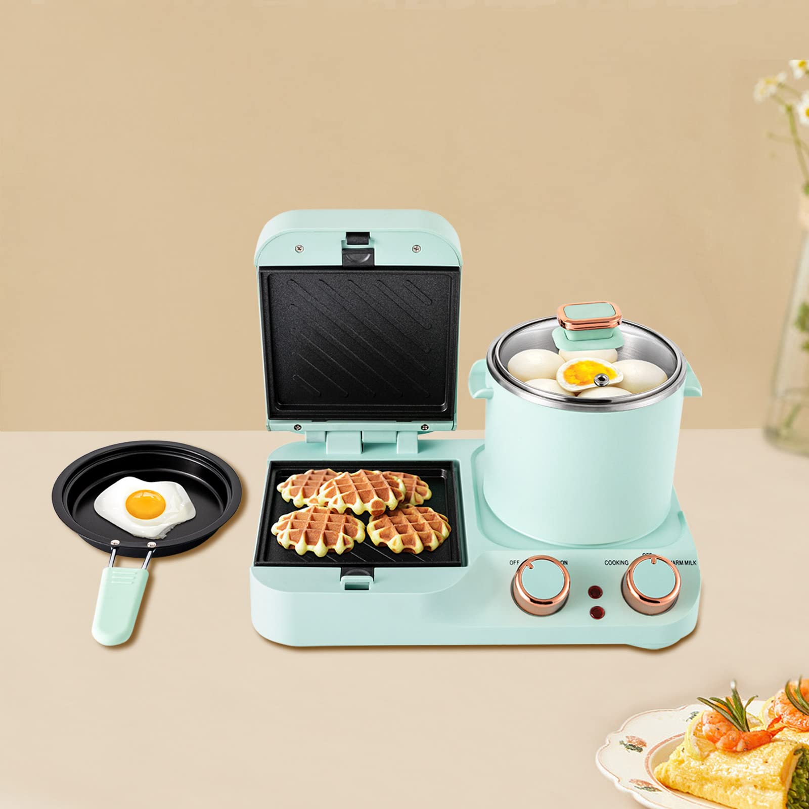 LOYALHEARTDY 3-in-1 Breakfast Station - 110V Electric Mini Toaster, Sandwich Maker with Soup Pot & Frying Pan - Perfect for Quick Breakfast, Small Kitchens & Dorms - Includes Glass Lid for Home Use