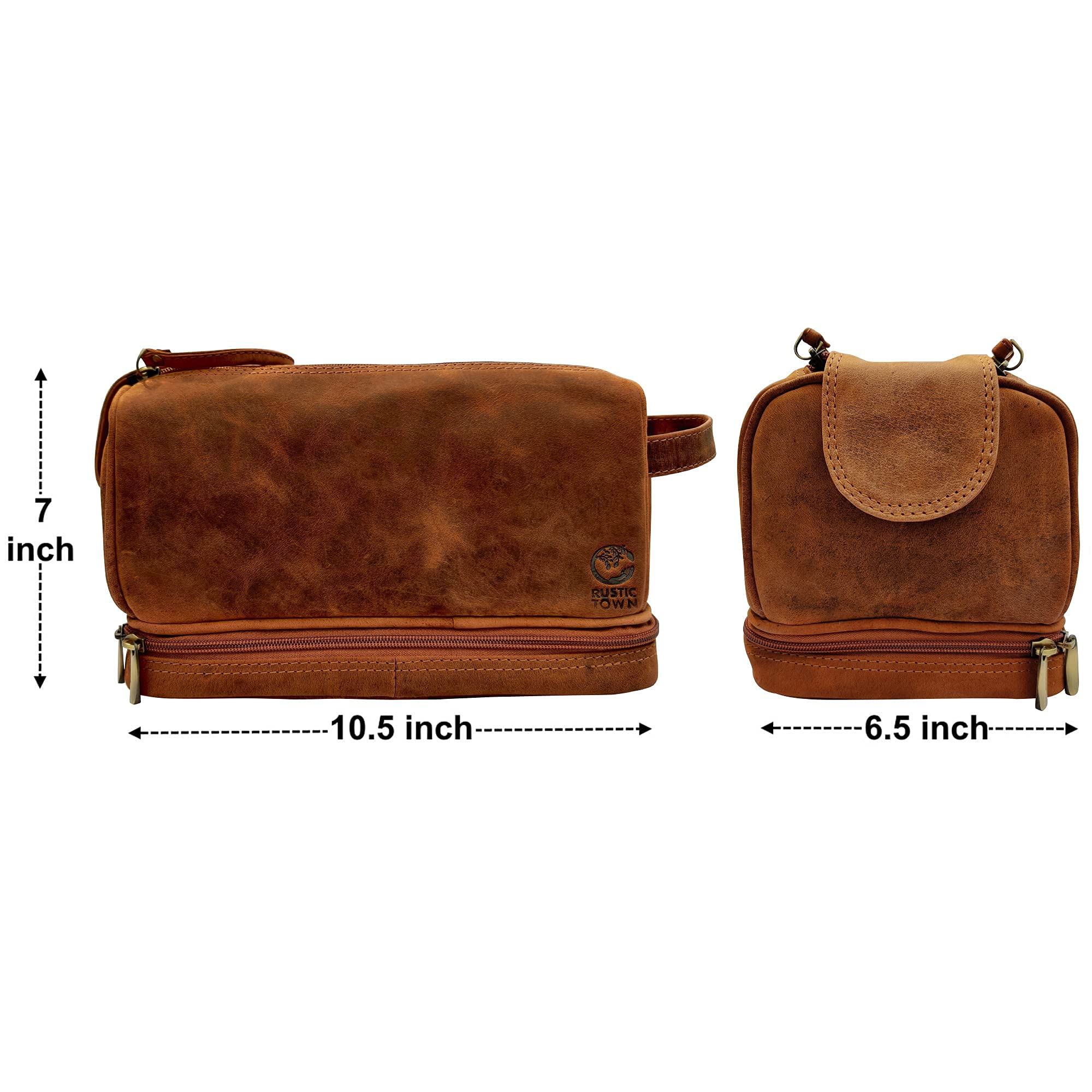 RUSTIC TOWN Genuine Leather Toiletry Bag with Zip Closure - Premium Travel Cosmetic Case for Men & Women | Perfect for Weekend Getaways, Business Trips & Grooming Essentials Organization