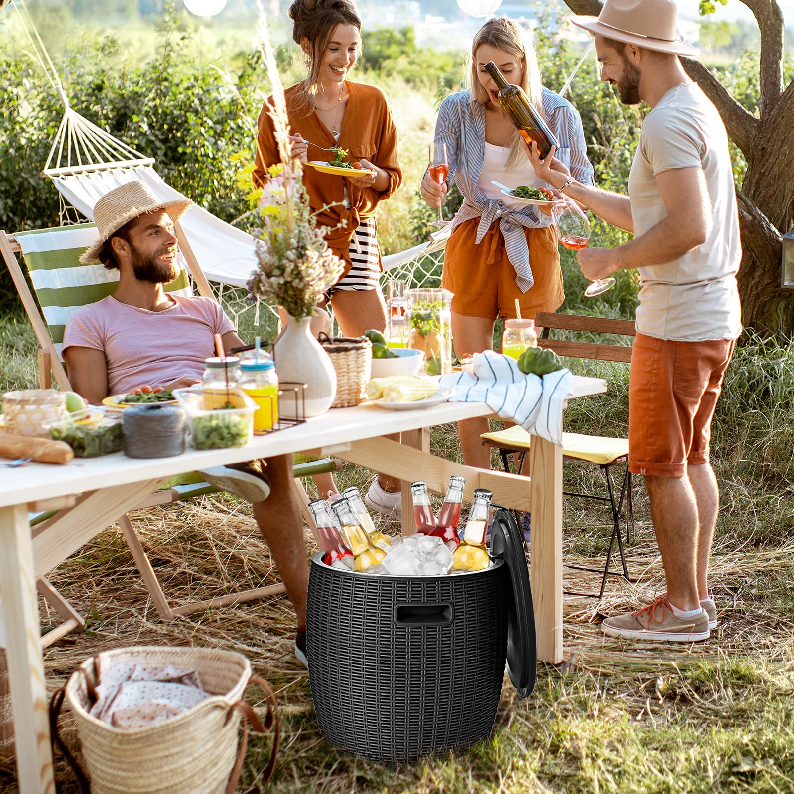 Tangkula 9.5 Gallon Outdoor Cooler Bar Table - Wicker Rattan Patio Furniture with Built-in Ice Bucket & Lid - Perfect for Poolside, Deck, Backyard Parties, BBQ Gatherings & Summer Entertaining