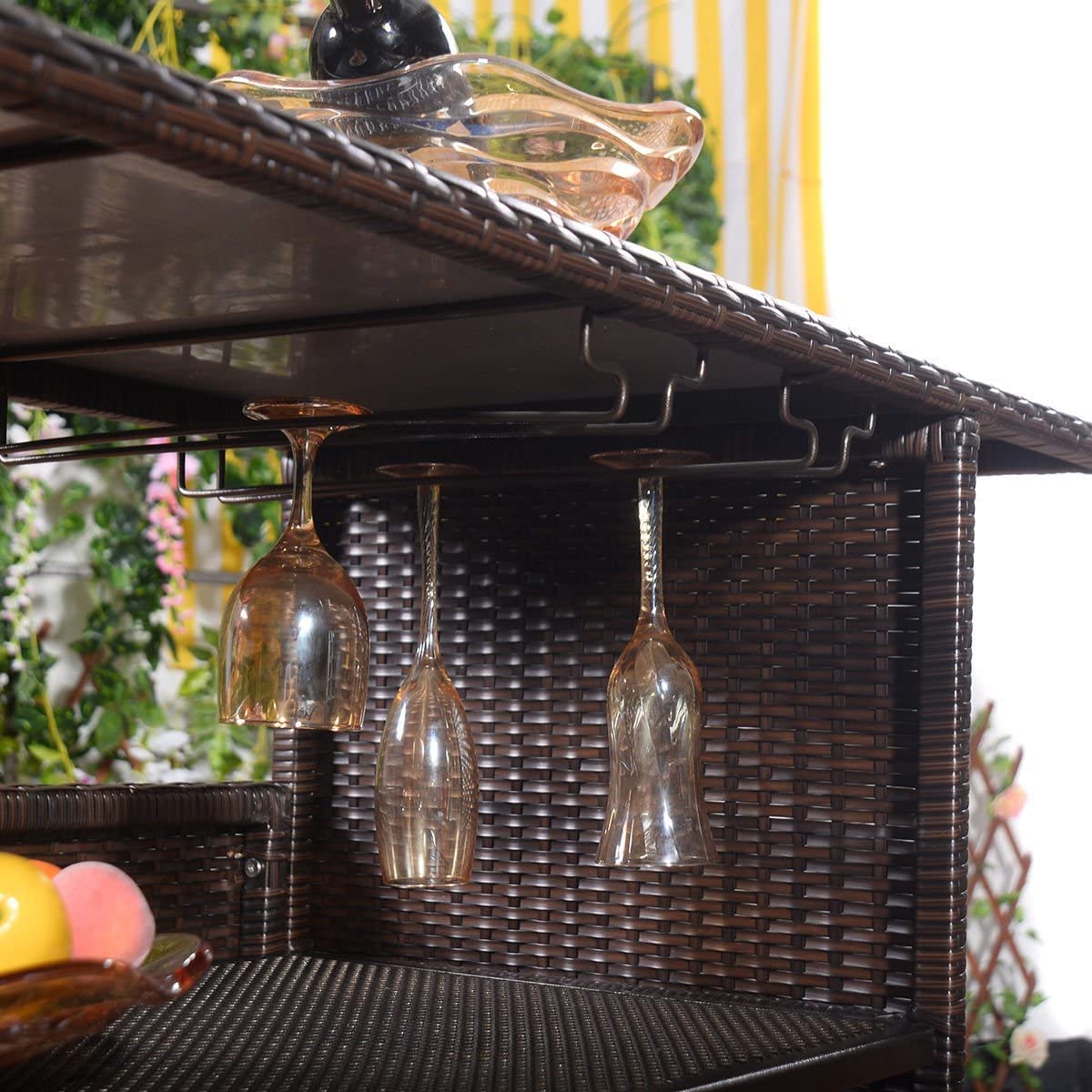 Premium Outdoor Rattan Bar Table with 2 Steel Wicker Storage Shelves & Cup Holders - Patio, Garden, Balcony, Poolside Lounge Furniture for Drinks & Entertaining