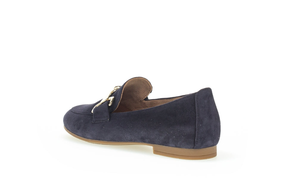 Gabor Navy Suede Loafers for Women with Gold Buckle - Classic Comfortable Slip-On Shoes for Work, Office & Casual Wear (Style 21136)