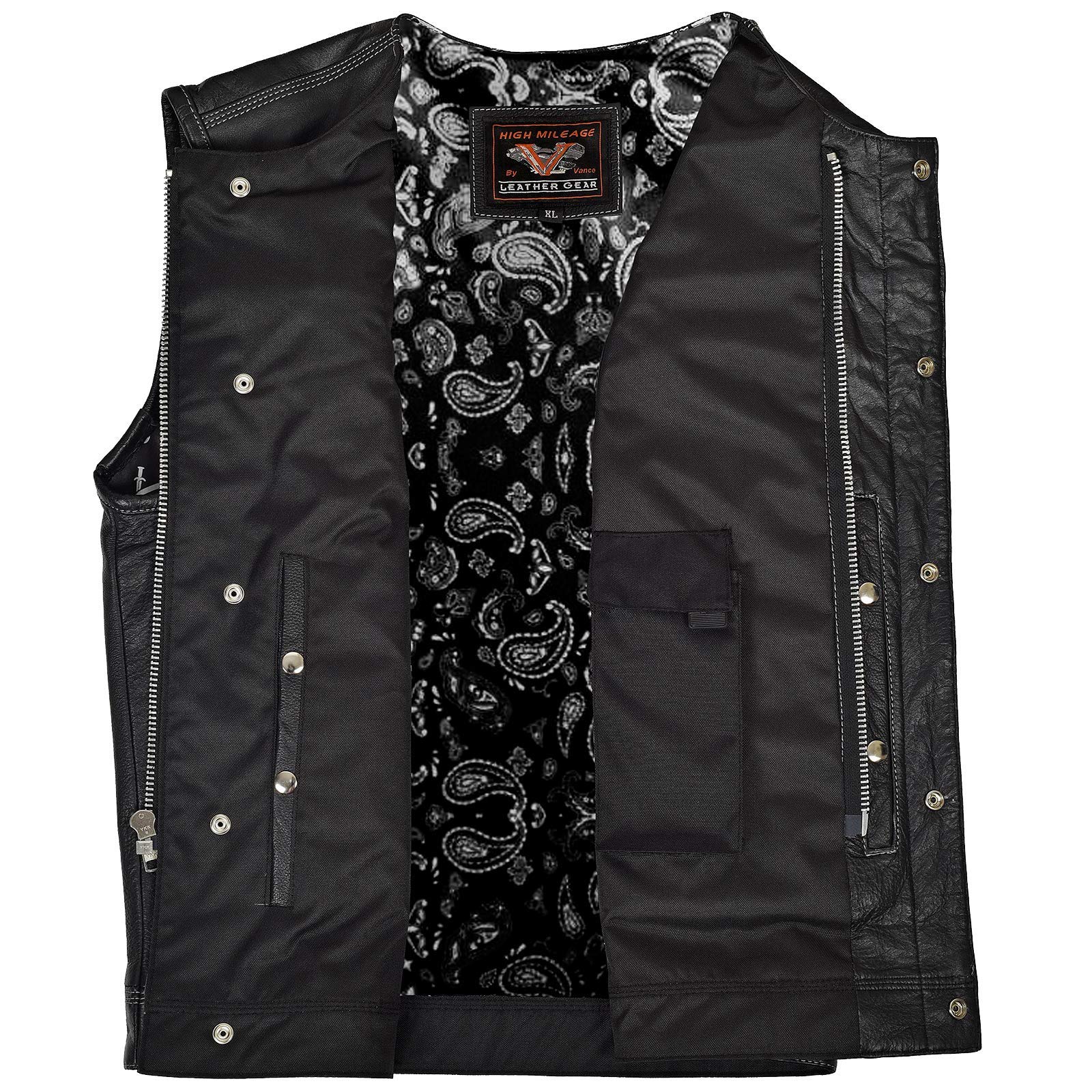 Men's Motorcycle Leather Vest with Paisley Liner - Collarless Biker Jacket with SOA Premium Patch Holder & External Gun Pocket - Perfect for Riding, Motorcycle Clubs, and Outdoor Adventures