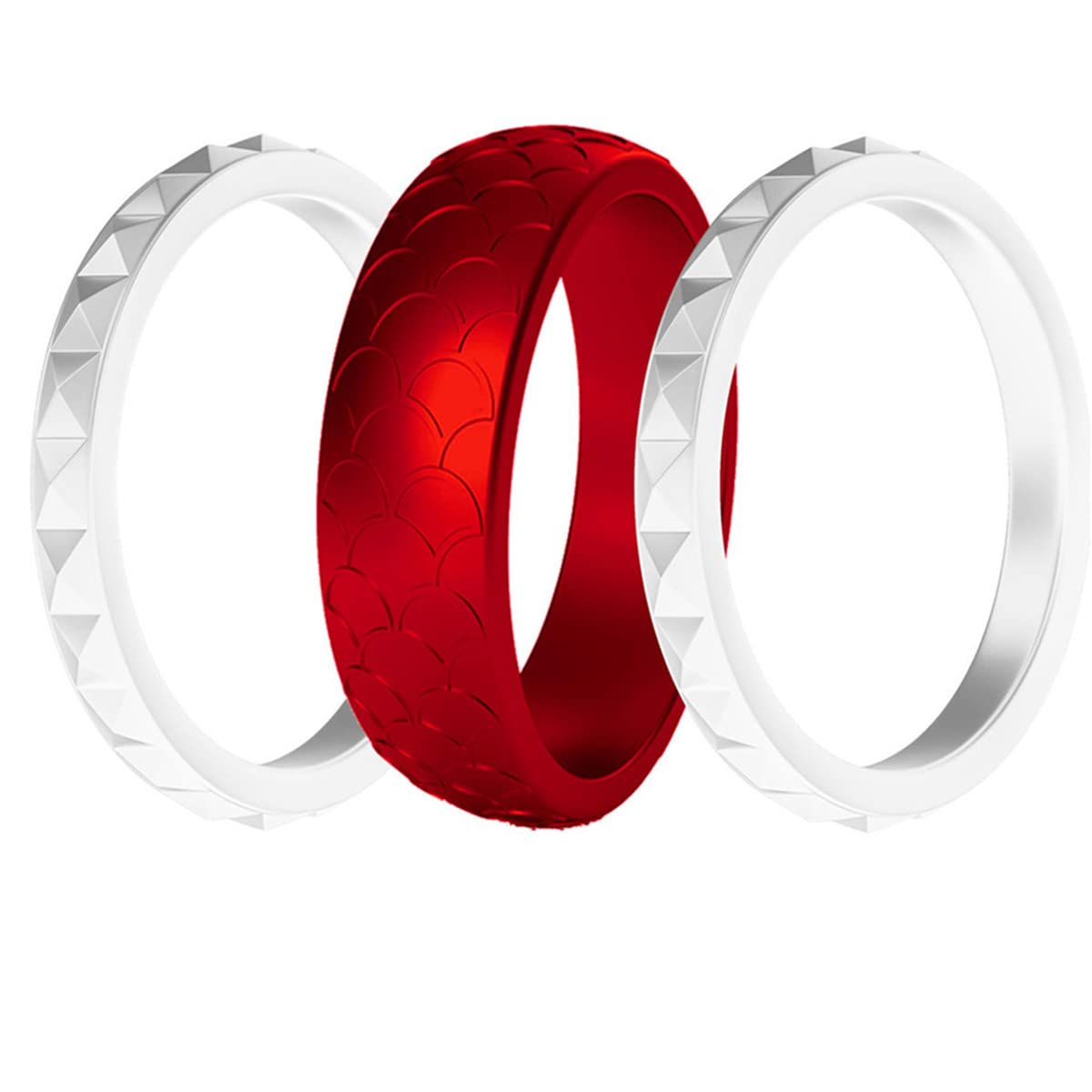 Women's Stackable Silicone Wedding Rings Set with Birthstone - Fish Scales & Diamond Pattern Comfort Fit Rubber Bands for Gym, Workout, Swimming & Outdoor Activities