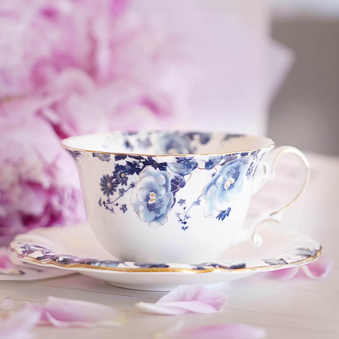 Premium Jomop Ceramic Tea & Coffee Cups with Saucers Set of 4 - Blue & White Porcelain for Afternoon Tea, Office Use & Gift Giving