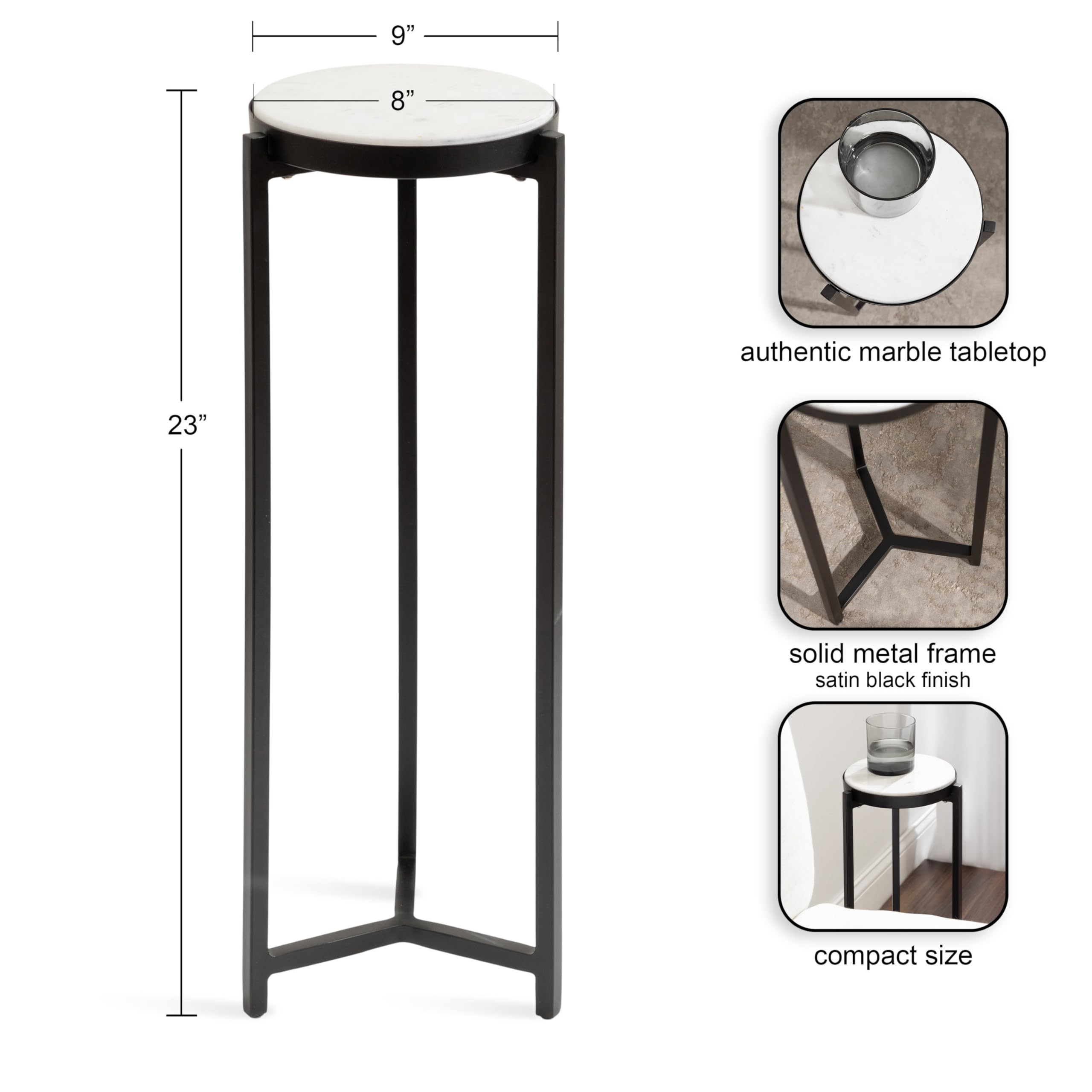 Kate & Laurel Aguilar Modern Round Side Table - 9x9x23 Inches, White & Black Genuine Marble Accent Table - Perfect for Small Spaces, Living Room Decor, Coffee Table Alternative & Plant Stand