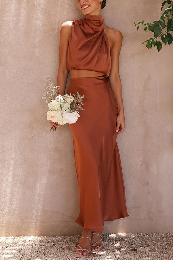 Such A Vibe Women's High Neck Satin Drape Maxi Skirt Set - Elegant Evening Dress for Parties, Weddings & Special Occasions