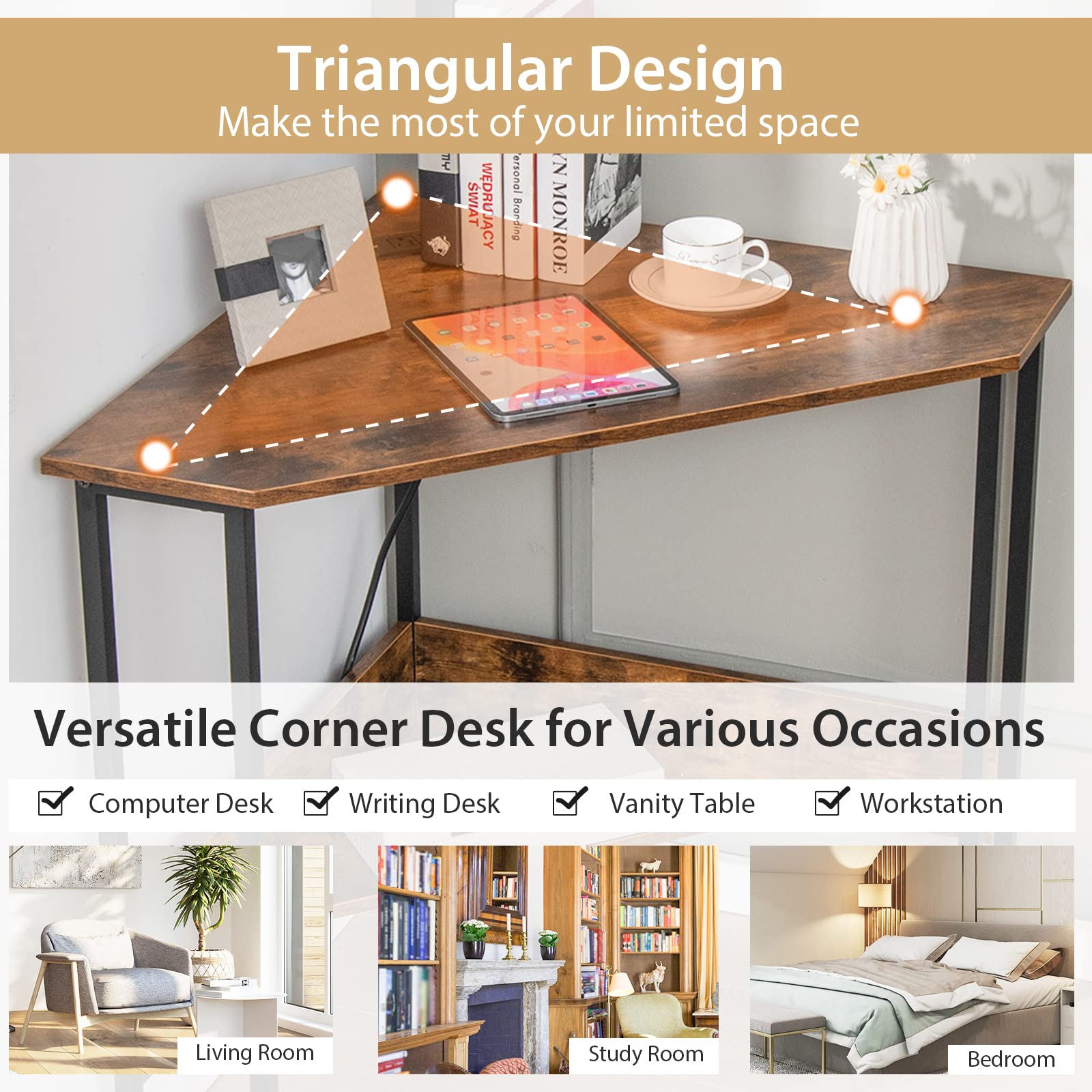 Tangkula Rustic Brown Corner Desk with Power Outlet & USB Ports - Compact Triangle Computer Desk with Charging Station, Storage Shelf for Home Office, Gaming, Study & Small Spaces - Space-Saving Writing Desk & Vanity Table for Apartments & Dorm Rooms