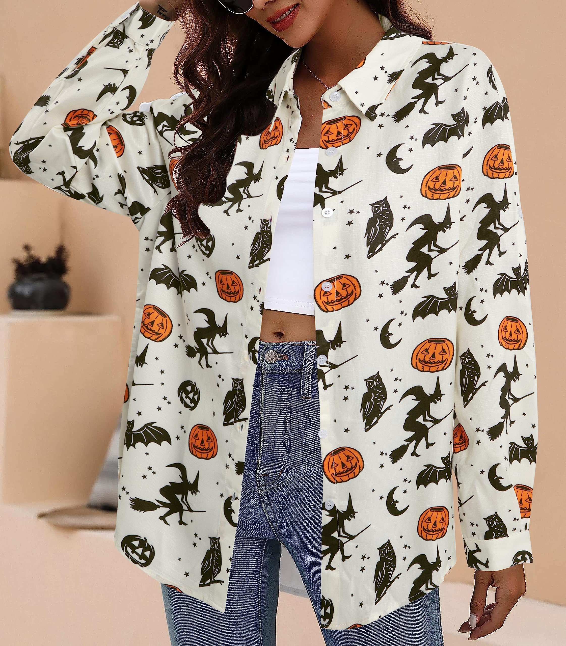 Halloween Witch Shirt for Women - Hocus Pocus Graphic Tee with Pumpkin Design | Long Sleeve Button Down Blouse for Costume Parties & Spooky Season Outfits