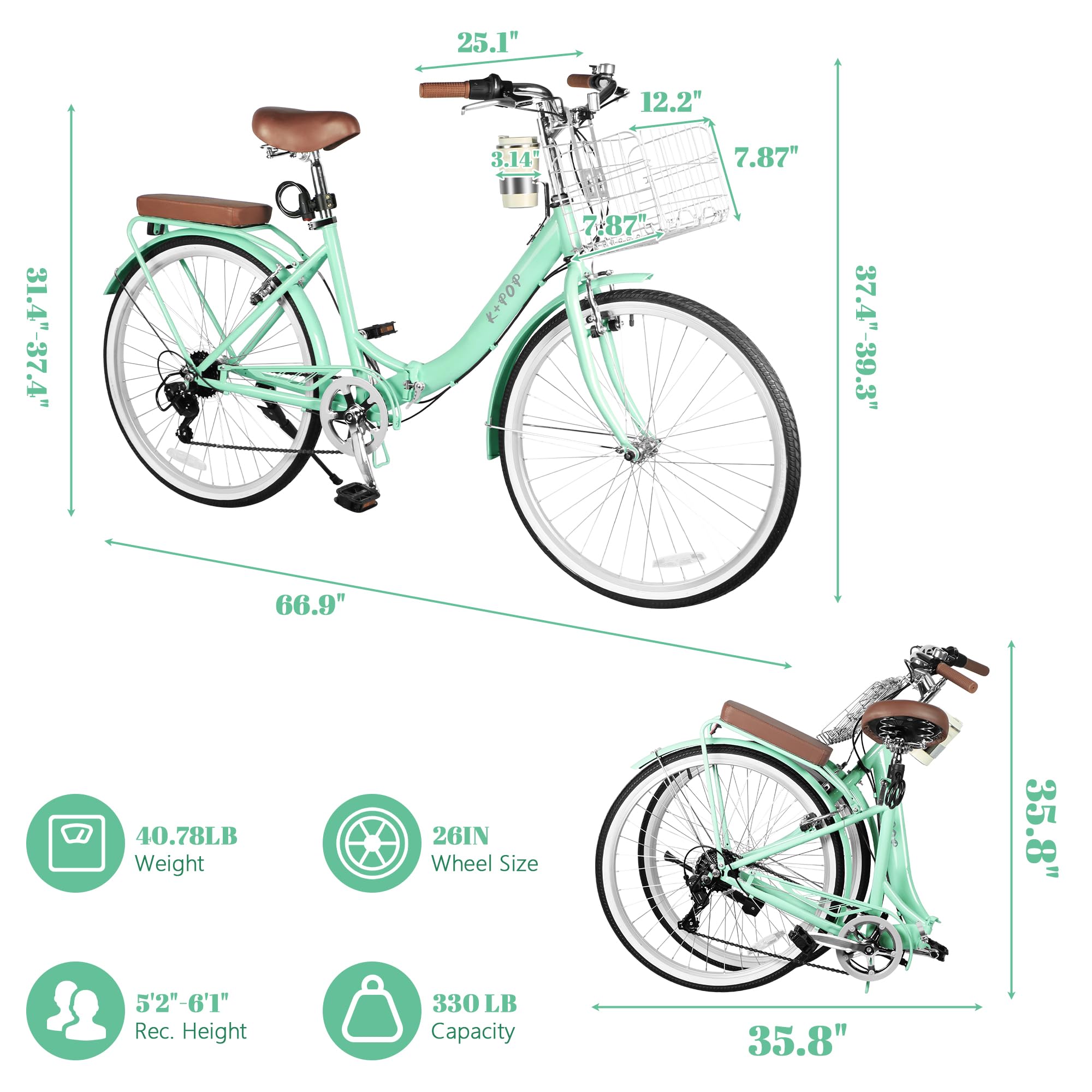 26 Inch Foldable Beach Cruiser Bike for Women - 7-Speed Commuter Bike with Detachable Cup Holder & Foldable Metal Basket - Stylish Ladies Folding Bike for Fitness, Vacation & City Riding (Green) - Perfect for Beach Outings, Daily Commutes & Leisure Cycling