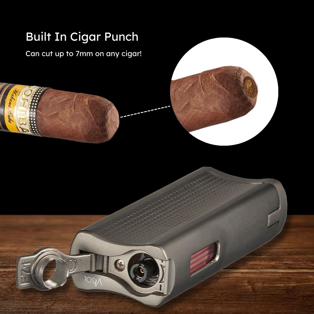 Visol Tiger Double Flame Butane Cigar Lighter - Gunmetal Finish | Windproof & Refillable | Perfect for Cigars, Cigarettes & Outdoor Use