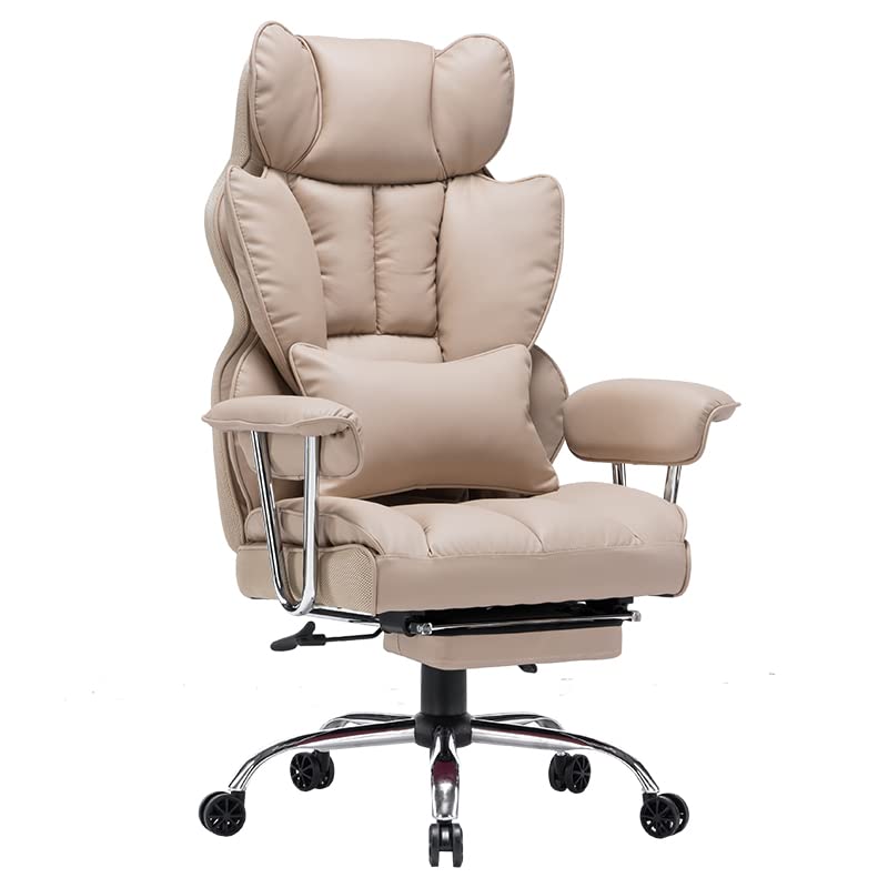 Efomao 400LBS Heavy Duty Executive Office Chair - Big and Tall PU Leather Computer Desk Chair with Adjustable Lumbar Support & Footrest - Dark Beige Ergonomic Chair for Home Office, Gaming & Workspace